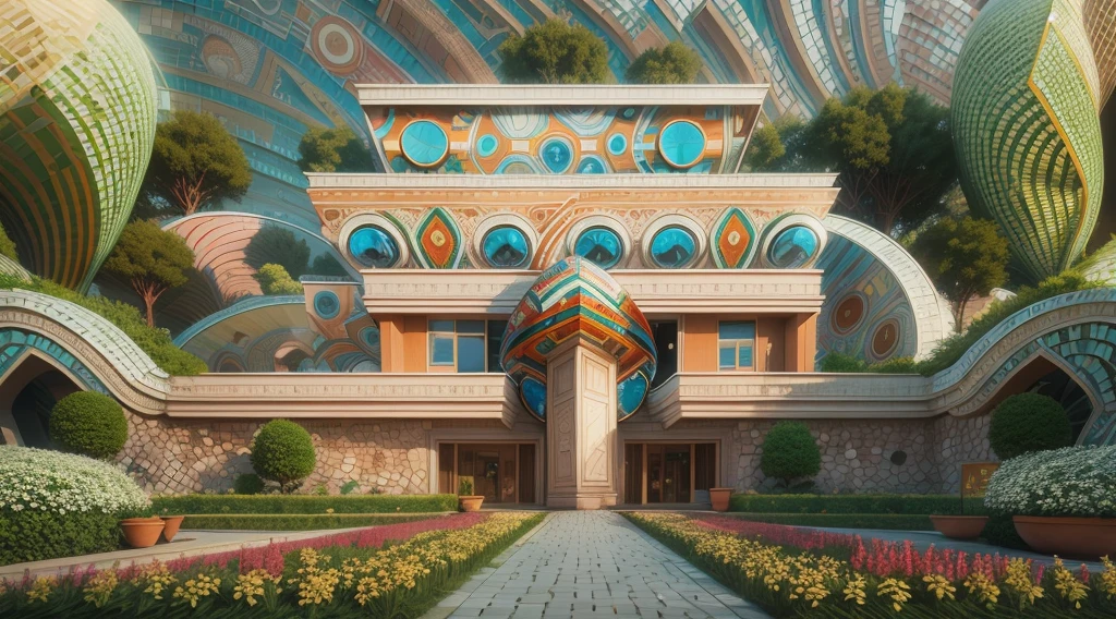 afofuturism, Tribal style villa, external garden, Mosaic tribal sculpture, Stone road, the sunset, Surrealism, Futurism, Hyperrealism, Art Deco, Conceptual art, Cubist Futurism, chiaroscuro, ray tracing, mosaic art, wide shot, best quality, highres, award winning, masterpiece, 4K