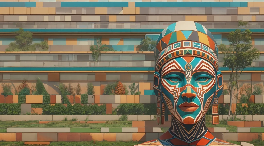 afofuturism, Tribal style villa, external garden, Mosaic tribal sculpture, Stone road, the sunset, Surrealism, Futurism, Hyperrealism, Art Deco, Conceptual art, Cubist Futurism, chiaroscuro, ray tracing, mosaic art, wide shot, best quality, highres, award winning, masterpiece, 4K