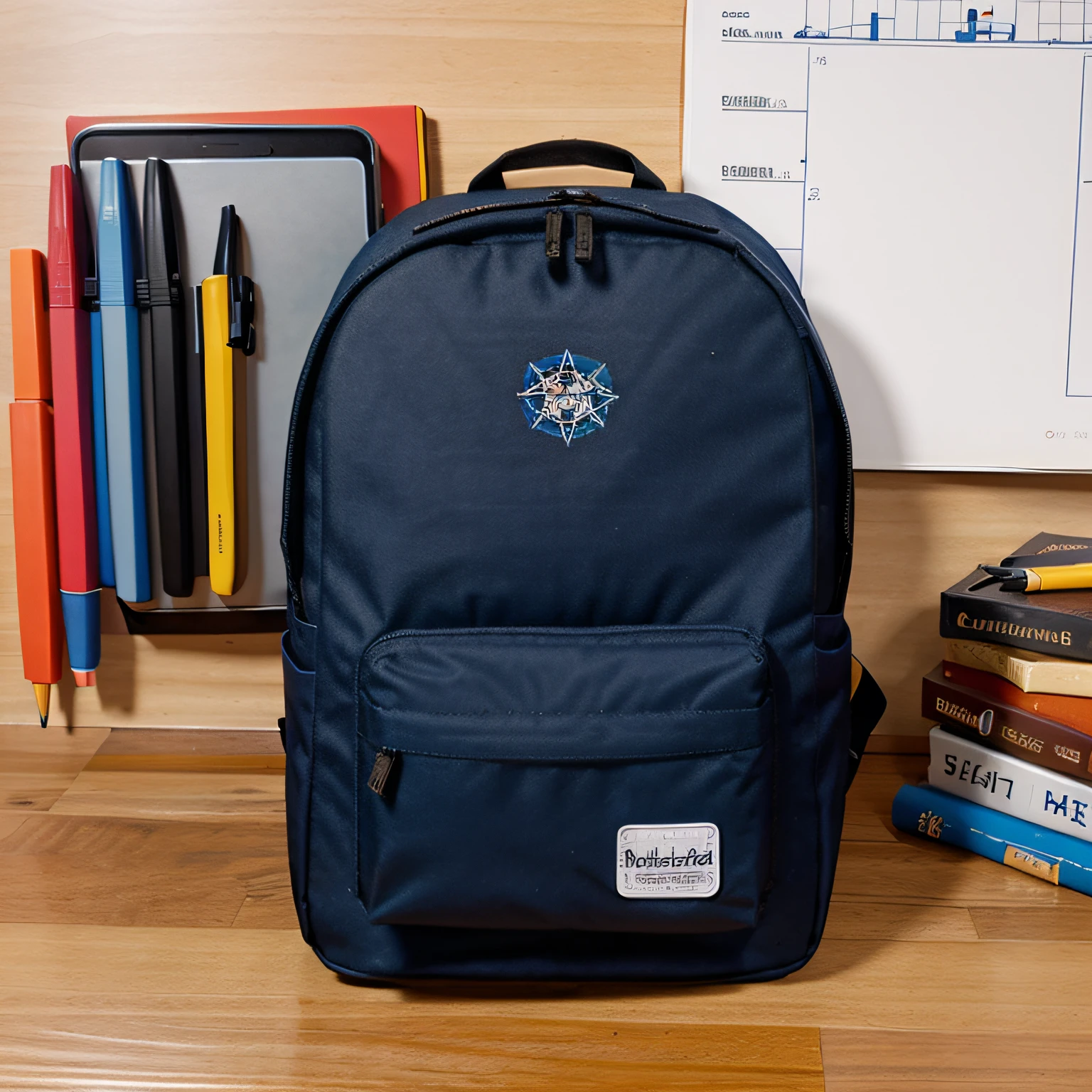 Crie um logotipo para uma loja online de venda de material escolar que tenha um caderno, mochila, colored pencils, compass, cola