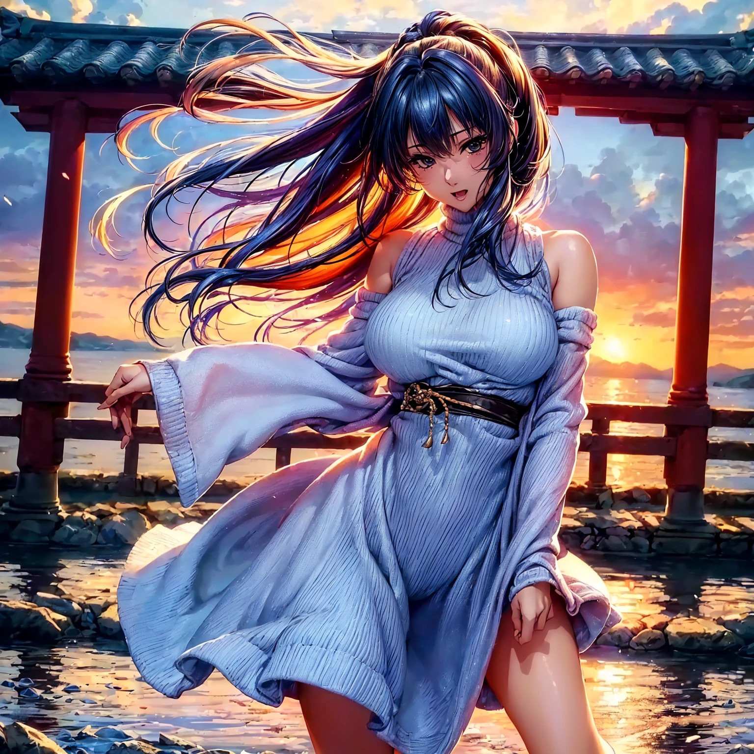 (((Best Quality、top-quality、masterpiece、very high res、An ultra-high picture quality、Perfect Pixel 1.5))), (((1 girl, Extremely beautiful woman, Single, 独奏,Colored hair,Beautuful Women))), (kawaii faces、Well-formed contours、Japan Hairstyles、Variety of hairstyles、Perfect Style、beauty legs)、(((Wear a colored sweater、Wear a long stall、Stalls unfold radially、shoulders are exposed、Excellent fashion sense、1.2)))、((E Cup Breast:0.9)), ((Strong-willed eyes:1.4, rounded eyes, Beautiful eyelashes, Realistic eyes)), ((Detailed face, Blushing:1.2)), ((realistic skin textures:0.75, Realistic texture:0.65, Photorealsitic:1.1, Anime CG style, vivd colour、Default Skin)),((Dynamic Pose, Portrait、Dynamic Angle, Perfect body,Full body)), Smile, Open mouth、Japan garden illuminated by the setting sun、Wooden Bridge、The wind is blowing、beautiful anime woman, Beautiful Art Style, an animated character、The whole picture、Detailed picture、accurate anatomy、Defect-free images、natural soft light、beautiful image、extremely detailed picture、(Best Shot 1.2)