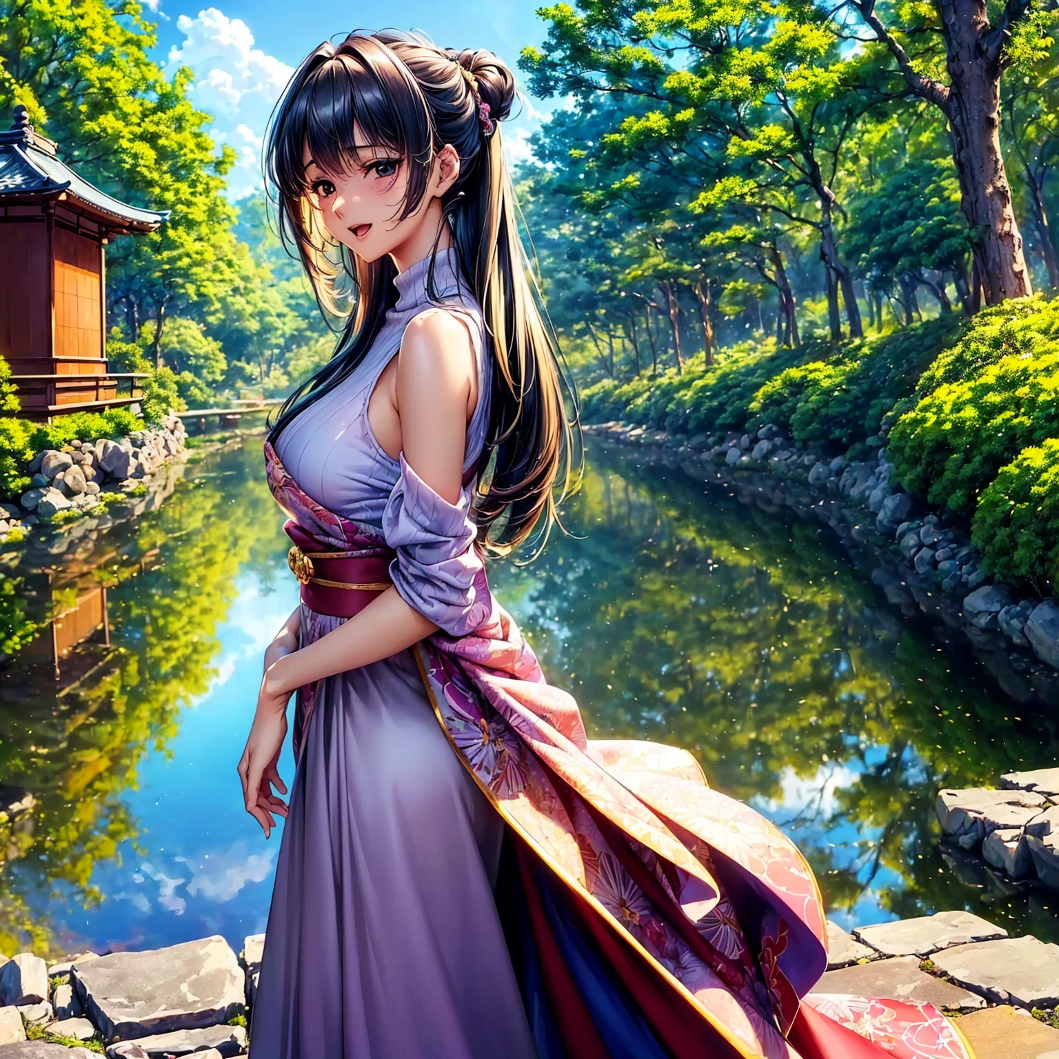 (((highest quality、masterpiece、very high resolution、highly detailed images、detailed details)))、(A woman of perfect and ultimate beauty:18-year-old, beautiful body:beautiful breasts、beautiful face:cheeks are red、beautiful hair:colorful,bright smile:Mouth opens)、(Slender and beautiful body, best skin and hair texture)、((Cute Bikini:美しく和柄でcolorful,shoulders are exposed,I can see my thighs)),((Mysterious waterfront:beautiful waterfall and cherry blossoms,fantastic night sky,natural light,beautiful scenery,beautiful scenery,Beautiful colors)),(water play,beautiful pose,model shoot,Hair flutters under the influence of the wind),bijinga,Overall image、accurate image、accurate ???????、Image without defects,(best shot,RAW photo:1.2)
