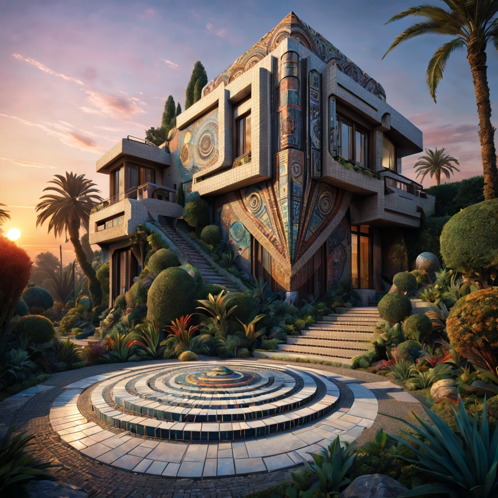 afofuturism, Tribal style villa, external garden, Mosaic tribal sculpture, Stone road, the sunset, Surrealism, Futurism, Hyperrealism, Art Deco, Conceptual art, Cubist Futurism, chiaroscuro, ray tracing, mosaic art, wide shot, best quality, highres, award winning, masterpiece, 4K