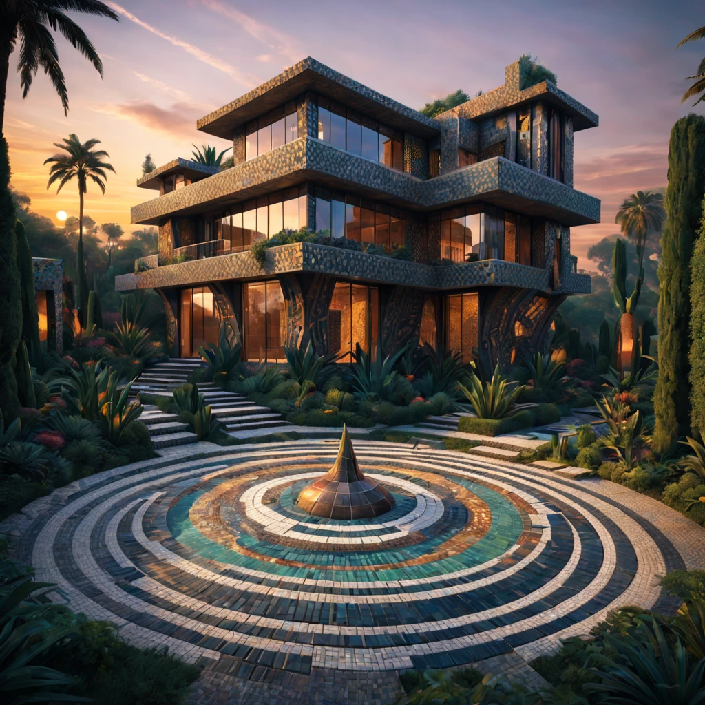 afofuturism, Tribal style villa, external garden, Mosaic tribal sculpture, Stone road, the sunset, Surrealism, Futurism, Hyperrealism, Art Deco, Conceptual art, Cubist Futurism, chiaroscuro, ray tracing, mosaic art, wide shot, best quality, highres, award winning, masterpiece, 4K