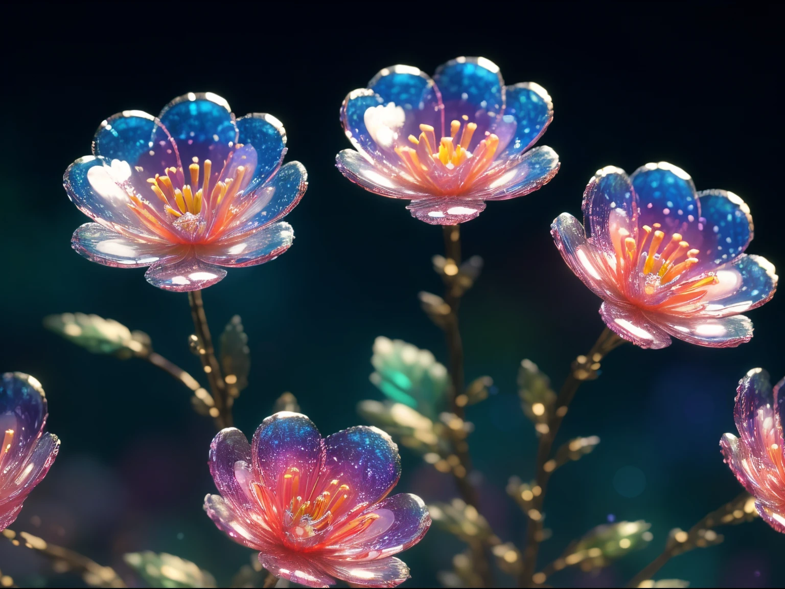 (Best Quality,4K,hight resolution,masutepiece:1.2),Ultra-detailed,Realistic:1.37,Crystal Spring Flowers,Fantasy,Galaxy,Transparent,Glistening,Brilliant,Colorful,magical photography,Dramatic Lighting,Photorealism,depth of fields,High resolution