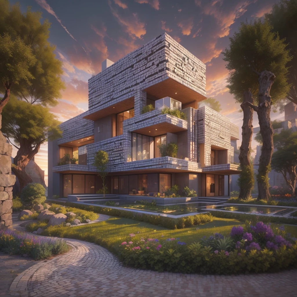 afofuturism, Tribal style villa, external garden, Mosaic tribal sculpture, Stone road, the sunset, Surrealism, Futurism, Hyperrealism, Art Deco, Conceptual art, Cubist Futurism, chiaroscuro, ray tracing, mosaic art, wide shot, best quality, highres, award winning, masterpiece, 4K