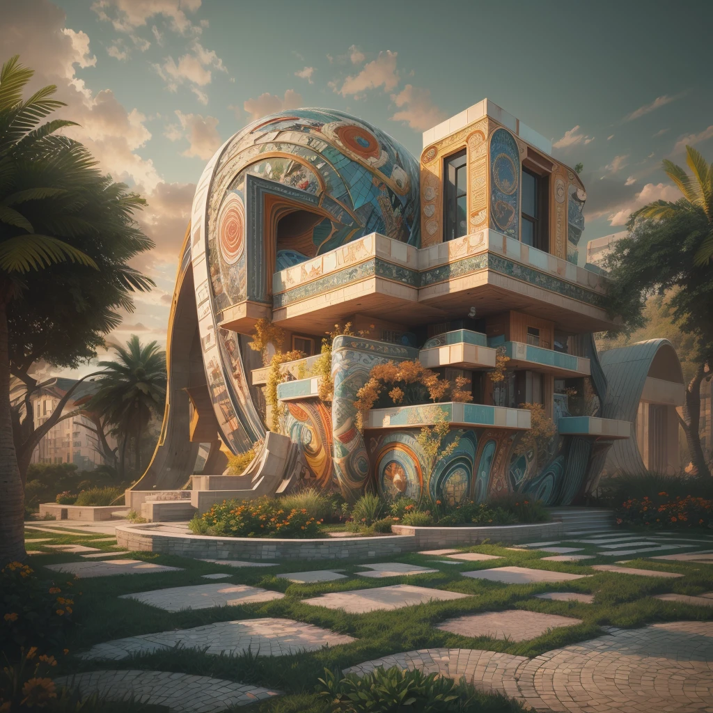 afofuturism, Tribal style villa, external garden, Mosaic tribal sculpture, Stone road, the sunset, Surrealism, Futurism, Hyperrealism, Art Deco, Conceptual art, Cubist Futurism, chiaroscuro, ray tracing, mosaic art, wide shot, best quality, highres, award winning, masterpiece, 4K