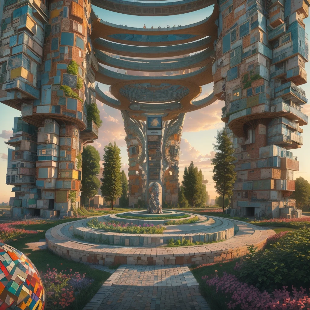 afofuturism, Tribal style villa, external garden, Mosaic tribal sculpture, Stone road, the sunset, Surrealism, Futurism, Hyperrealism, Art Deco, Conceptual art, Cubist Futurism, chiaroscuro, ray tracing, mosaic art, wide shot, best quality, highres, award winning, masterpiece, 4K