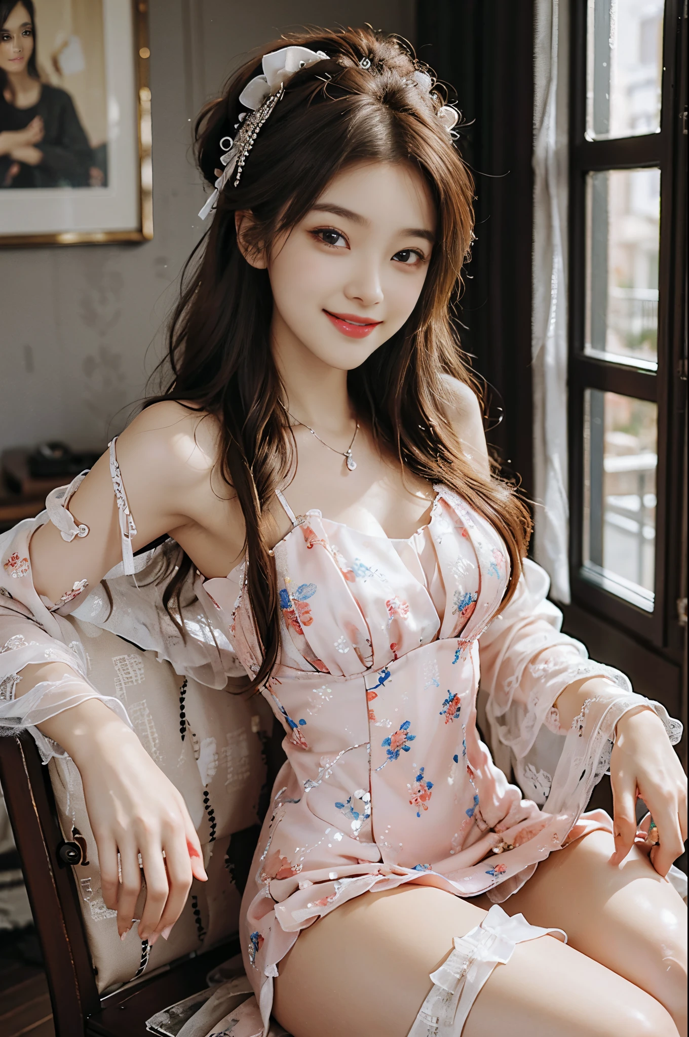 Sweet girl dress2,dress,(knee shot),Pretty girl, young female model, Sweet maiden, inside in room, sit on chair, deck chair, Cross ed leg, tmasterpiece, best qualtiy, Extremely detailed description, Ultra-fine painting, delicated face, slim toned body,grin, Hefty Smile