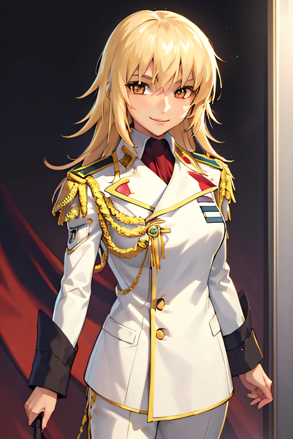 masterpiece, best quality, 1girl, cagalli, blonde hair, brown eyes, commander, epaulettes, military uniform, smile, solo, upper body, looking at viewer, simple background