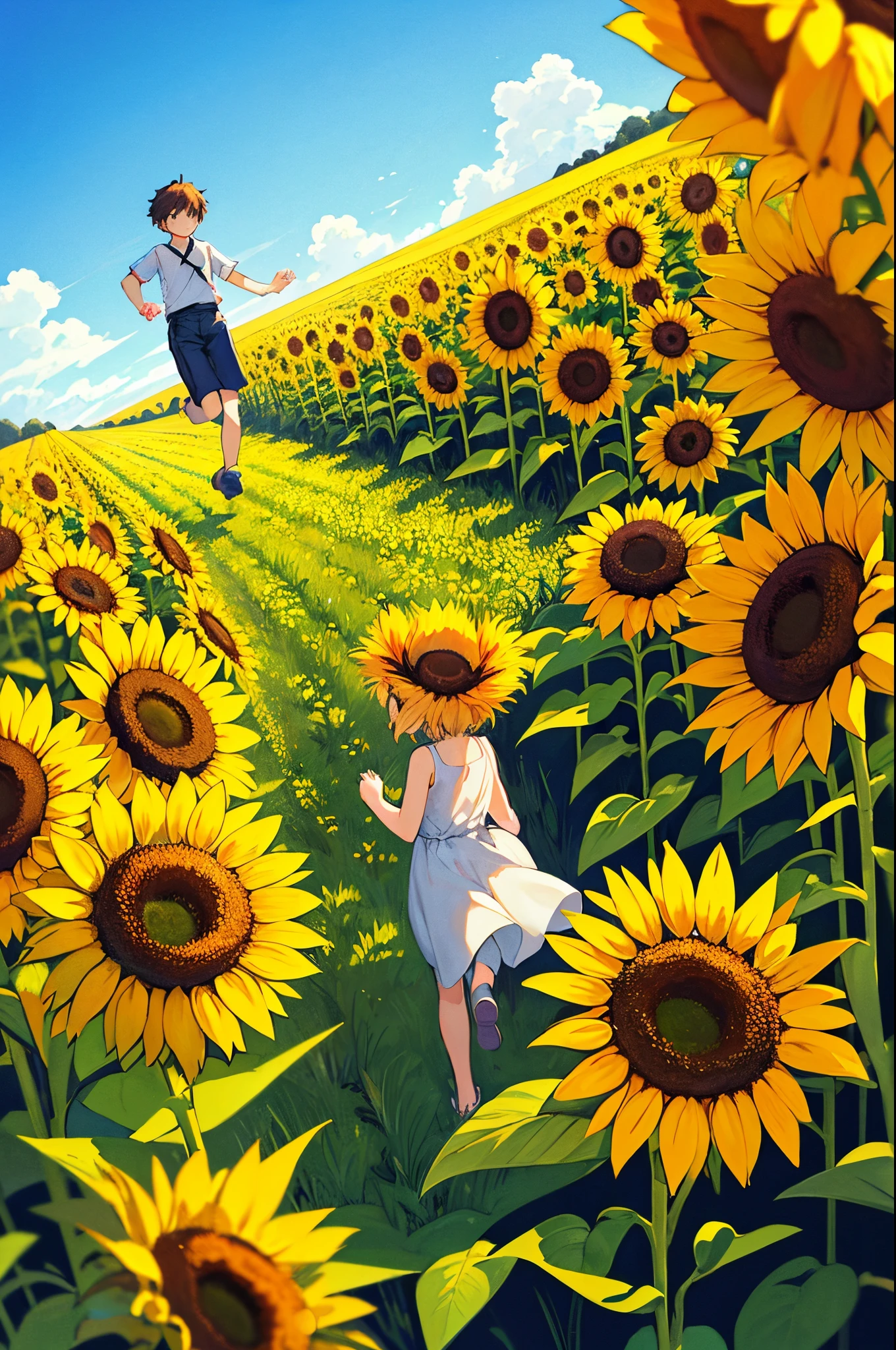 best quality, summer, sunflowers, grassy meadow, boy and girl holding hands, running, bright yellow hues, clear blue sky, beautiful contrast