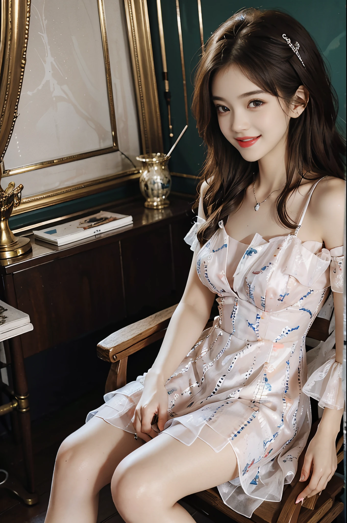 Sweet girl dress2,dress,(knee shot),Pretty girl, young female model, Sweet maiden, inside in room, sit on chair, deck chair, Cross ed leg, tmasterpiece, best qualtiy, Extremely detailed description, Ultra-fine painting, delicated face, slim toned body,grin, Hefty Smile