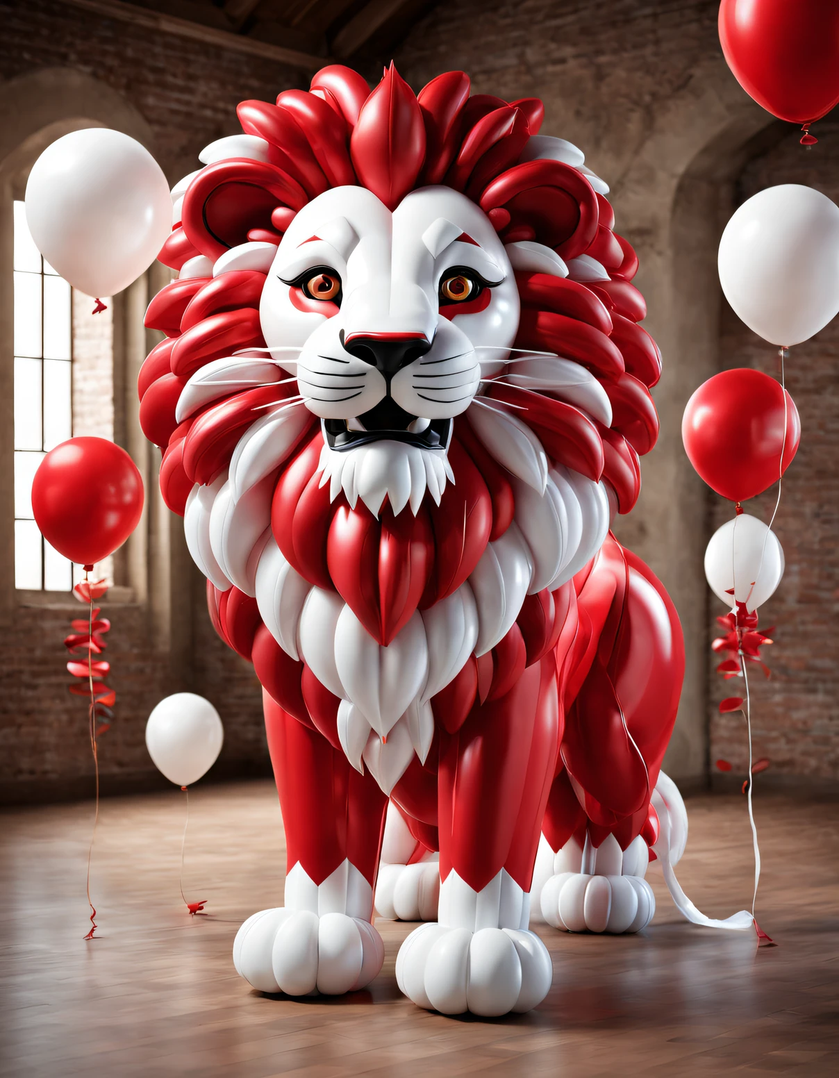 （balloon art design），（Lion made of red and white balloons）, intricate balloon art，Beautiful lion shape，Complex and gorgeous CG style, 3D, ultra - detailed, c4d, Octagon rendering, Blander, 8K, k hd，Mascot 3D model, 3D ultra-detailed, Behance 3D Art Trends,