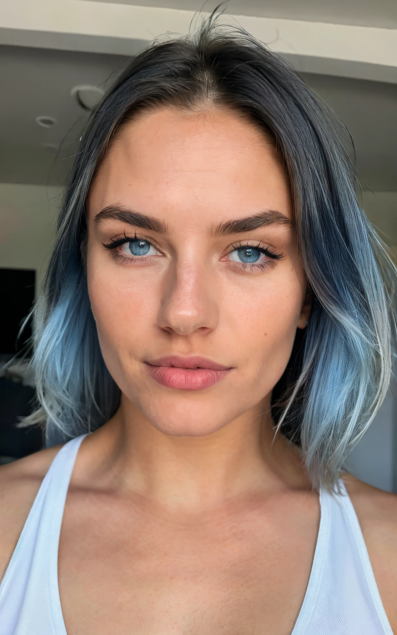 Photorealistic, Best Quality, hyper detailed, looking a view ,better shadow, all the body ,in sports clothes , medium-sized bust, beautiful sexy fitness girl, 21 old years, young girl, blue eyes, symmetrical beautiful face, Blue hair, Almond eye , full lips