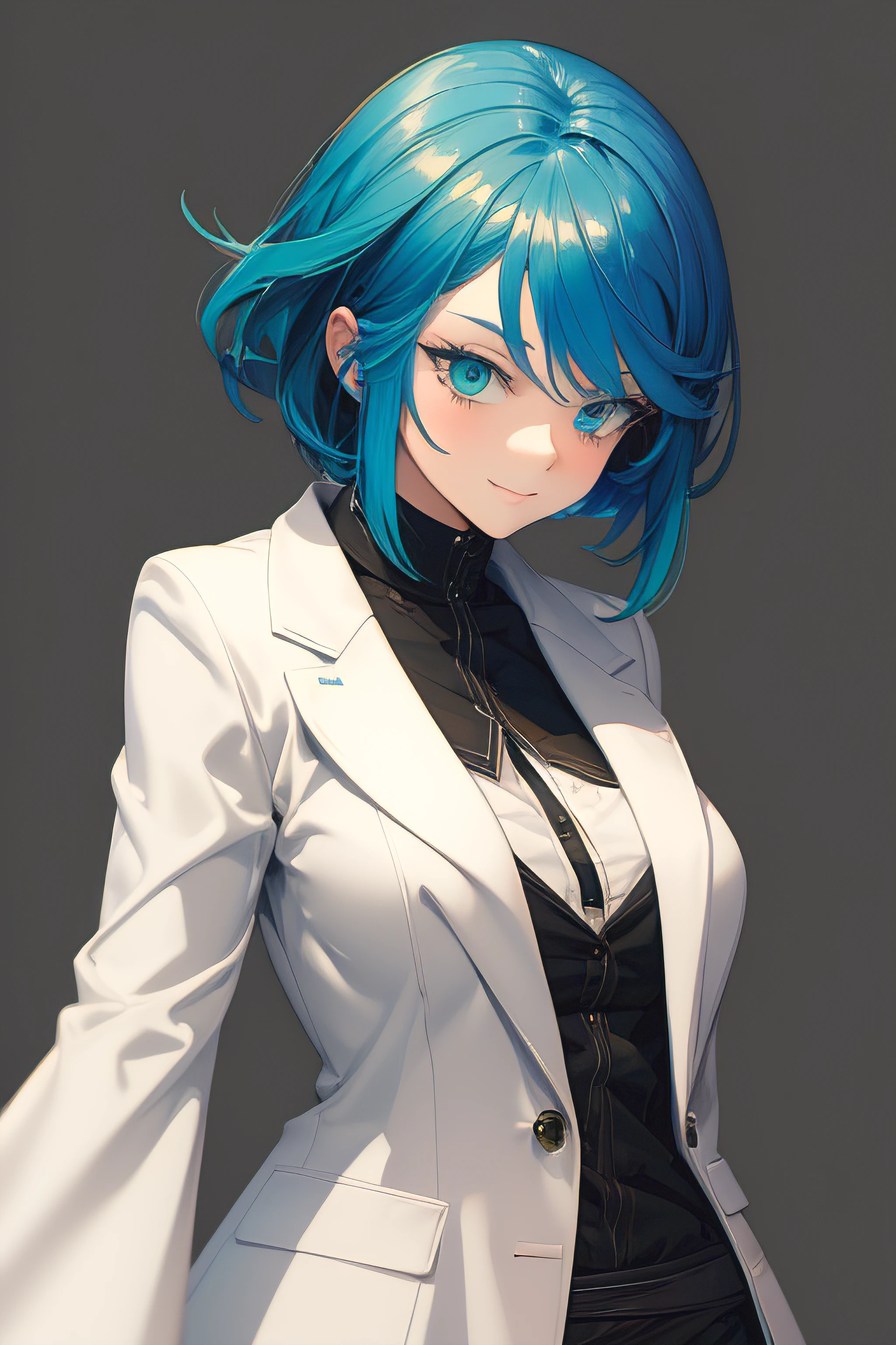 Women create masterpieces, bestquality, ((1man)),blue hair,green eyes,serious expression, Smiles,Waist up,line art,medium hair,White blazer,Black T-shirt,Eyes without expression