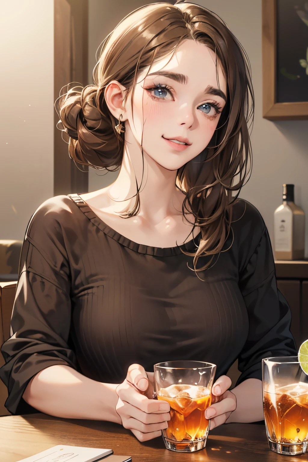 (masutepiece, Digital Art, Digital Illustration, 4K, 8K, Ultra-detailed, beautiful image, Sharp Image, Photorealistic, Raw photo, Perfect face, Perfect lines, Perfect eyes, Soft lighting) 1 woman, (lightbrown hair,Chignon Hair,Innocent look,drooping eyebrows,drooing eyes,with round face,Round jaws、Innocence,cute little,big eye,natural make up,kindly smile,E-cup,23 y-o woman:1.3),Two handsome men in casual clothes, (ember,the man has a rough appearance,well-muscled,Firm shoulder width,Adult male,Boyish hairstyle,Man in his 30s with a cool expression,28-year-old man with bright smile:1.2),Drink at home、Drinking alcohol at home、Kiriko glass、Shot Glass、tequila、squeeze a lime、Please enjoy and make noise、the kiss、kiss、a couple、couple kissing、Romance、Cheers