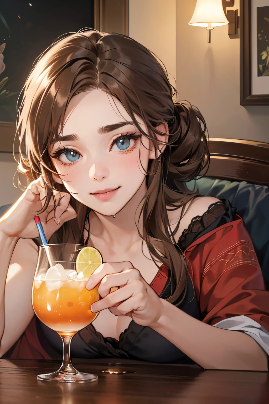 (masutepiece, Digital Art, Digital Illustration, 4K, 8K, Ultra-detailed, beautiful image, Sharp Image, Photorealistic, Raw photo, Perfect face, Perfect lines, Perfect eyes, Soft lighting) 1 woman, (lightbrown hair,Chignon Hair,Innocent look,drooping eyebrows,drooing eyes,with round face,Round jaws、Innocence,cute little,big eye,natural make up,kindly smile,E-cup,23 y-o woman:1.3),Two handsome men in casual clothes, (ember,the man has a rough appearance,well-muscled,Firm shoulder width,Adult male,Boyish hairstyle,Man in his 30s with a cool expression,28-year-old man with bright smile:1.2),Drink at home、Drinking alcohol at home、Kiriko glass、Shot Glass、tequila、squeeze a lime、Please enjoy and make noise、the kiss、kiss、a couple、couple kissing、Romance、Cheers