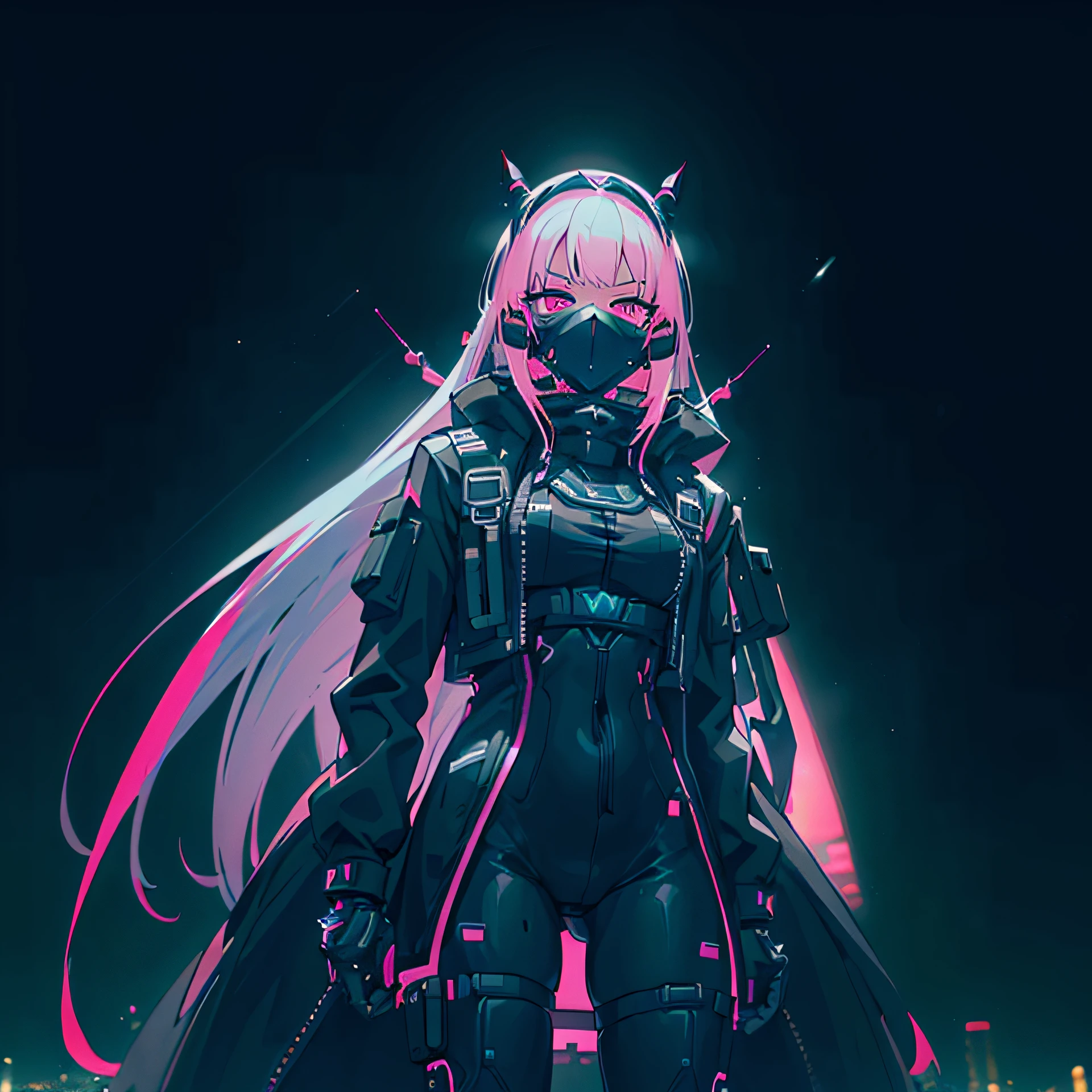 anime, (masterpiece, best quality, ultra-detailed, high-contrast), 1 girl (solo, full body, petite body, standing at the edge of skyscraper, (((cyber respirator mask covering mouth, black cyber mask with neon pink))), silver hair, long flowing hair, glowing red ruby eyes, black one-piece suit), (skyscraper rooftop, overlooking a city, ((night time, darkness, low light pollution)) detailed background)