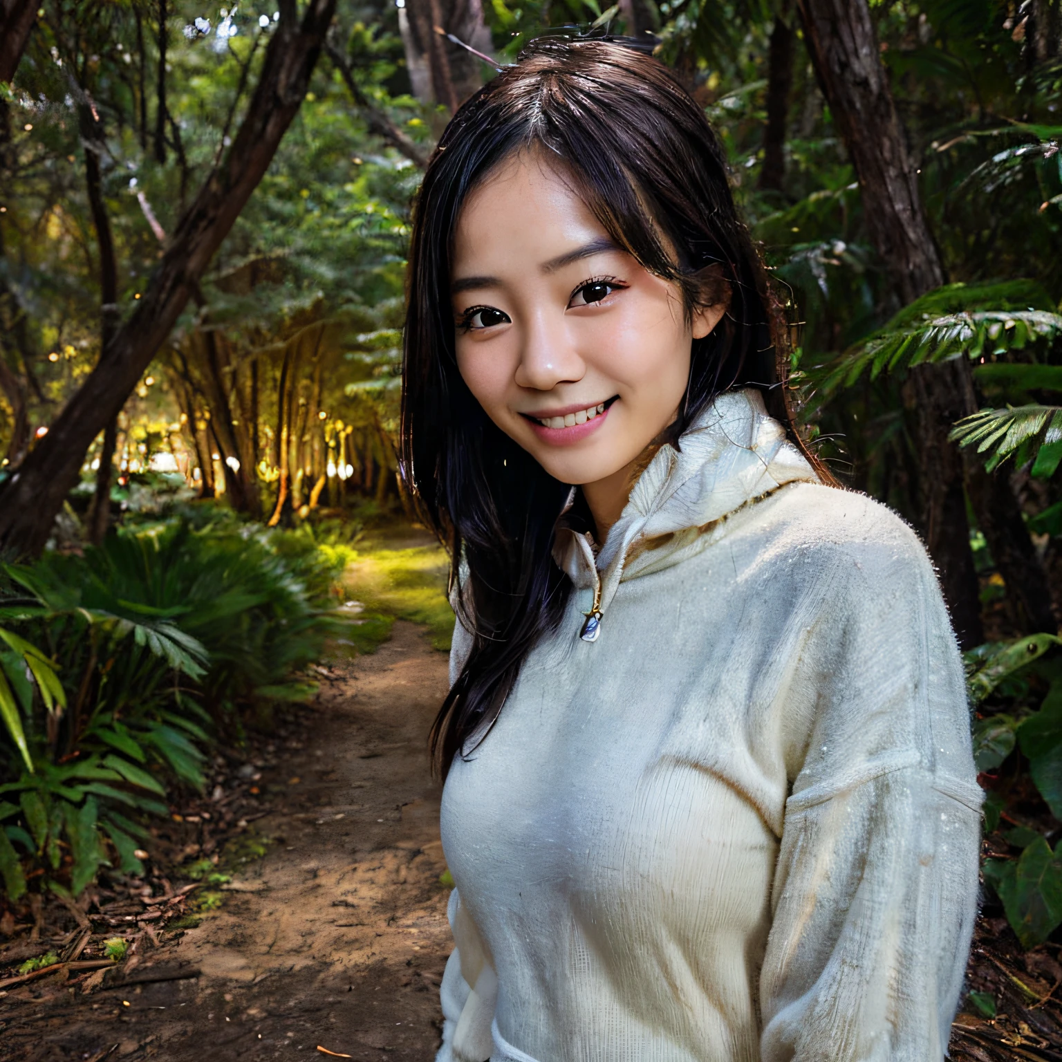 selfie, (Photoreal: 1.4), (Image enhancement: 1.4), ( Top quality real skins: 1.4), 20-year-old, asian girl, dressed warmly, australian forest scene, smile, standing, night time, close up, hands hidden, selfie