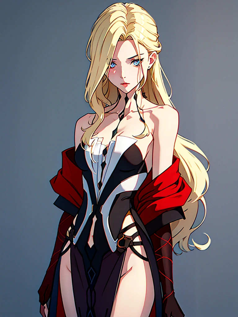 A slender female figure of small stature, with shoulder-length hair, perhaps an interesting color such as red or bright blond.. Her facial features are soft and attractive, with lively eyes that exude confidence and charm. She may have an attractive and mysterious character in her clothing. She may prefer tight and elegant clothes that highlight her attractiveness and femininity..