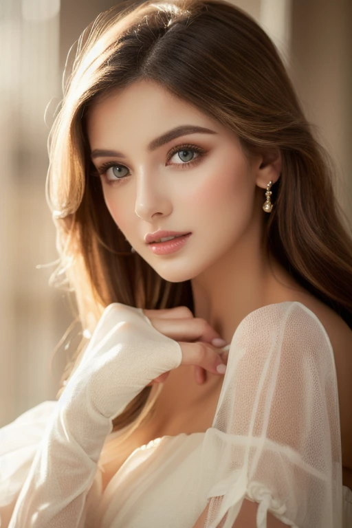 (best quality,8k,highres),beautiful woman,blonde, sheer nylon dress,sheer opera gloves,sheer beige tights,neutral background,portrait,gorgeous eyes,luscious lips,detailed facial features,soft makeup,long flowing hair,warm lighting,vivid colors,fashionably posed,confident expression,natural beauty,contemporary art style,painting-like details,soft and elegant,graceful posture,classic yet modern,subtle textures,harmonious composition,sublime atmosphere