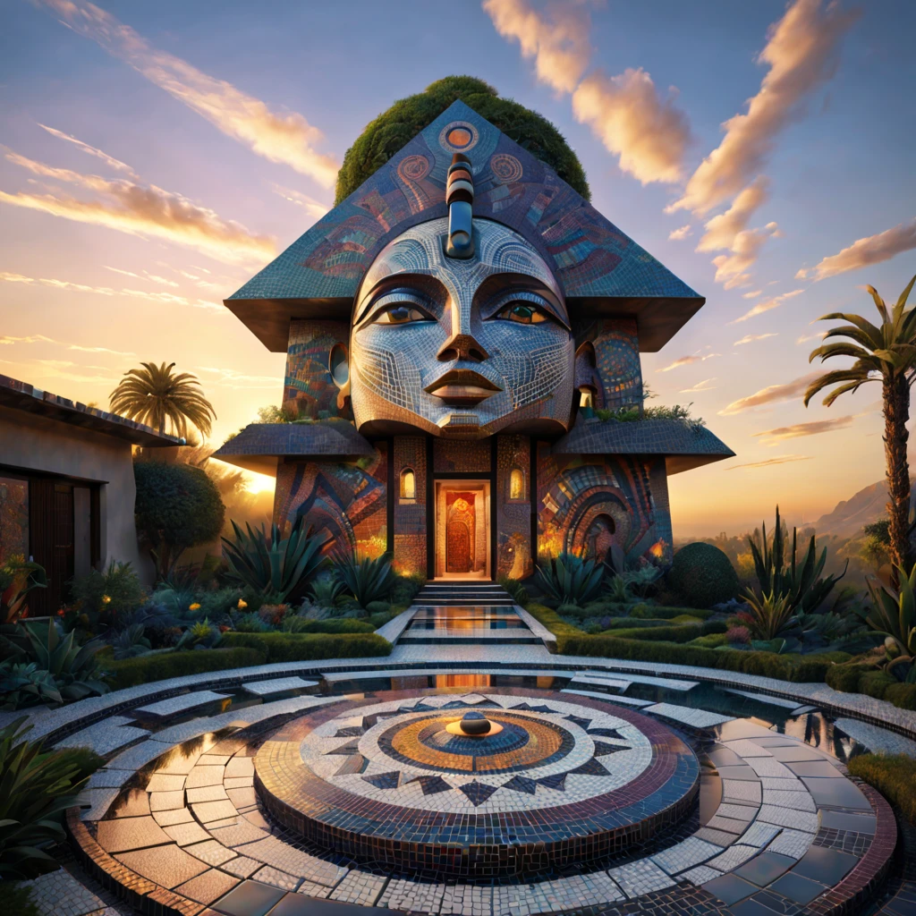 afofuturism, Tribal style villa, external garden, Mosaic tribal sculpture, Stone road, the sunset, Surrealism, Futurism, Hyperrealism, Art Deco, Conceptual art, Cubist Futurism, chiaroscuro, ray tracing, mosaic art, wide shot, best quality, highres, award winning, masterpiece, 4K