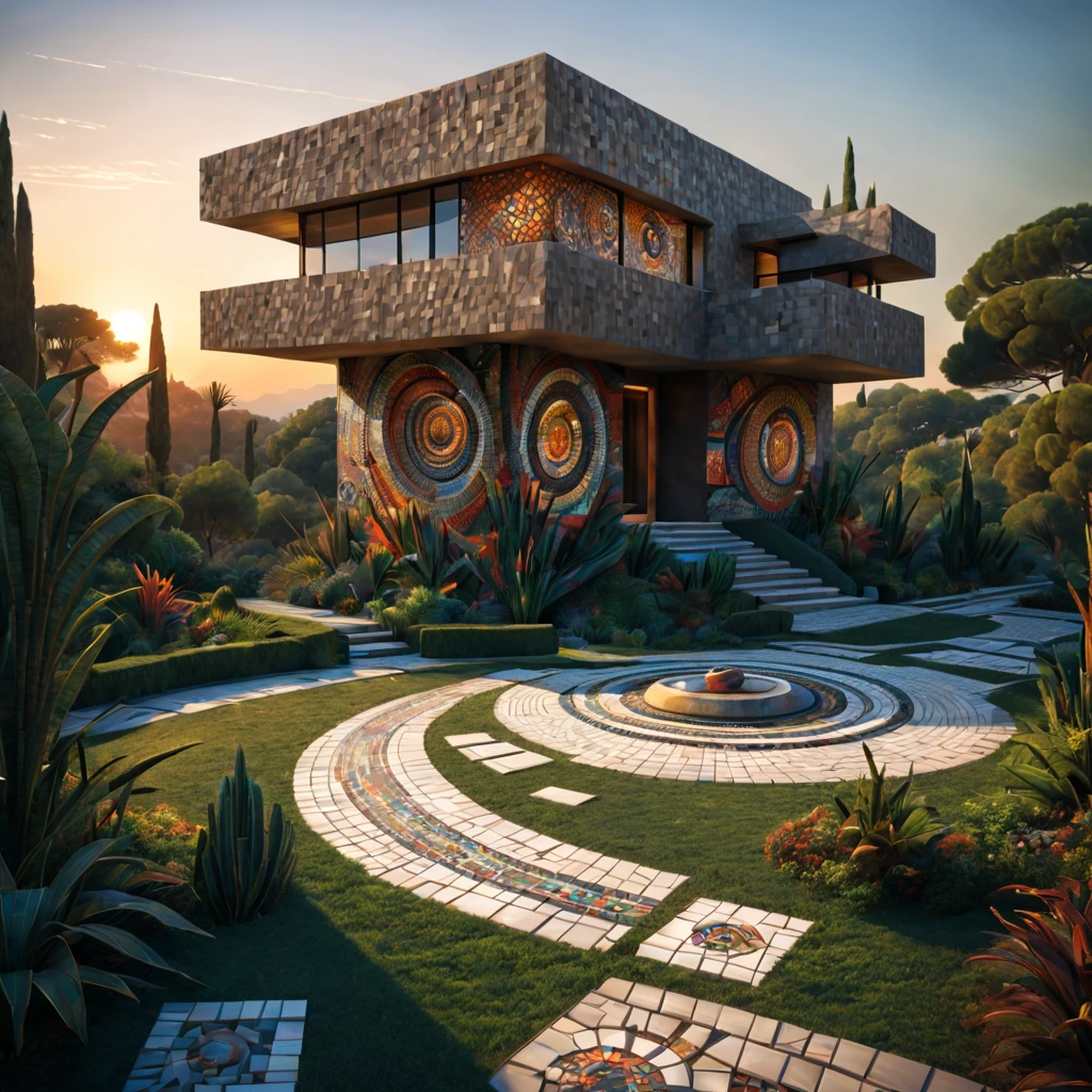 afofuturism, Tribal style villa, external garden, Mosaic tribal sculpture, Stone road, the sunset, Surrealism, Futurism, Hyperrealism, Art Deco, Conceptual art, Cubist Futurism, chiaroscuro, ray tracing, mosaic art, wide shot, best quality, highres, award winning, masterpiece, 4K