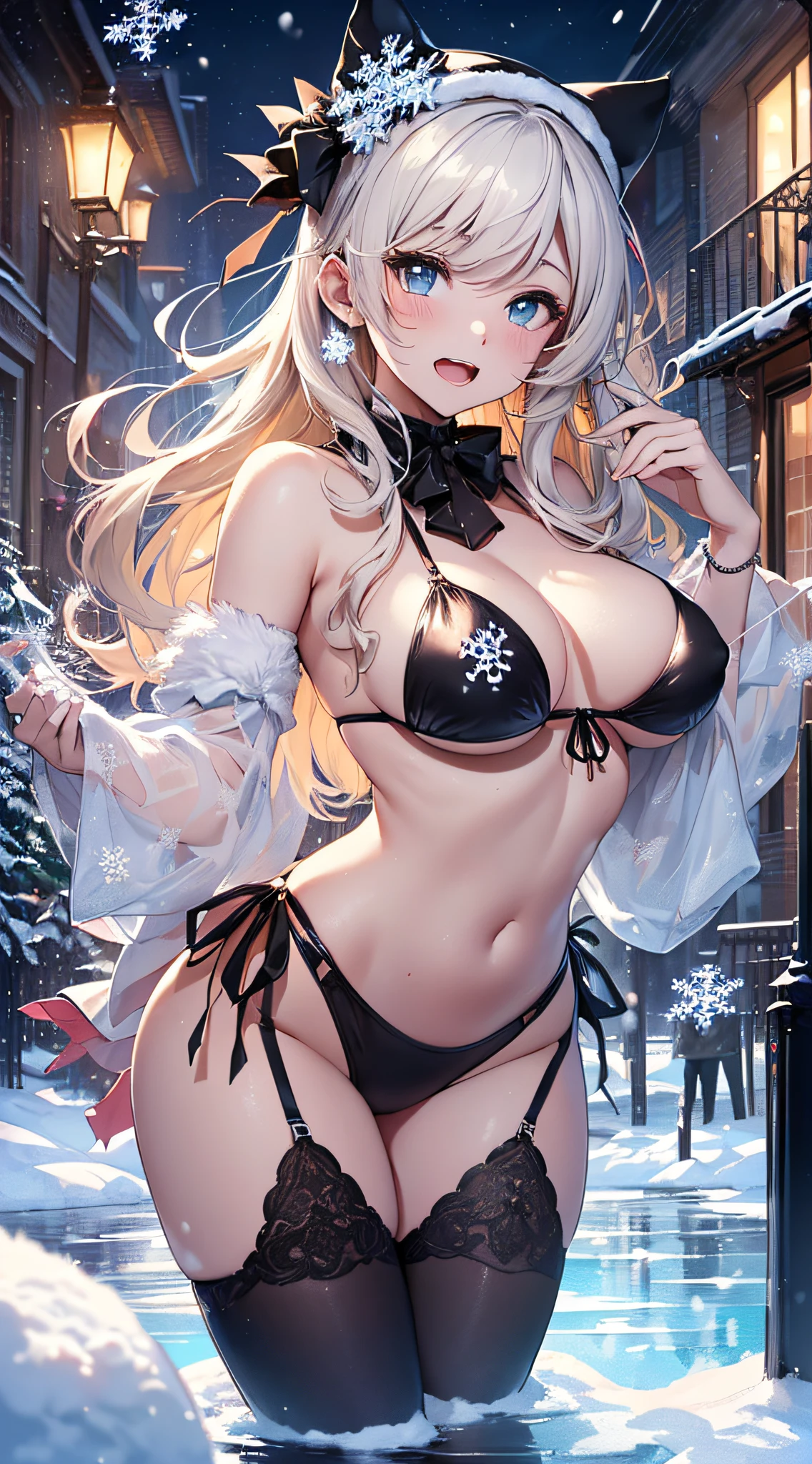 top-quality、Top image quality、masterpiece、teens girl((black bikini santa costume、、teen ager、Best Buast,Beautiful light blue eyes、Breasts wide open, a blond、A slender,Large valleys、dye one's cheeks red、Leaning forward、White breath、Reflecting the whole body、Laugh、dance、nipple seal)),hiquality、Beautiful Art、Background with((crystal city at night、snowflakes falling、Heavy snow falls、snowman、ice tower model、A world where snow piles up)))、masutepiece、depth of fields,