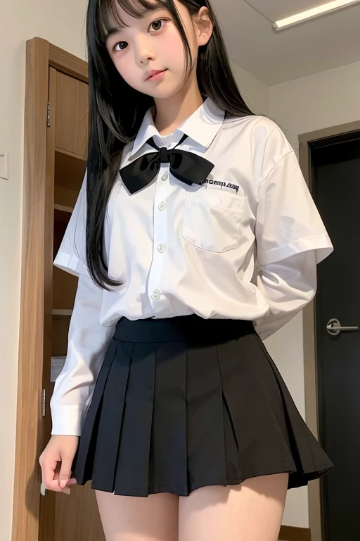A  elementary school girl with long black hair wearing a school uniform who lifts up her skirt to reveal white panties.