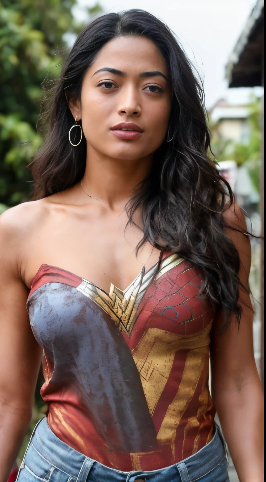 ( photo of  stunning Rashmika Mandanna  ) ( gorgeous woman, tall woman, stunning, sexy, (random paparazzi photo) ) [detailed sexy skin texture, attractive texture, detailed  environment] (wearing a wonder woman printed big lose t shirt on outdoor club party ) (hyper photorealistic detailed environment) (detailed textures) ( perfect body parts, detailed facial features, (ultra realistic lighting) 85mm, 100mm lens )