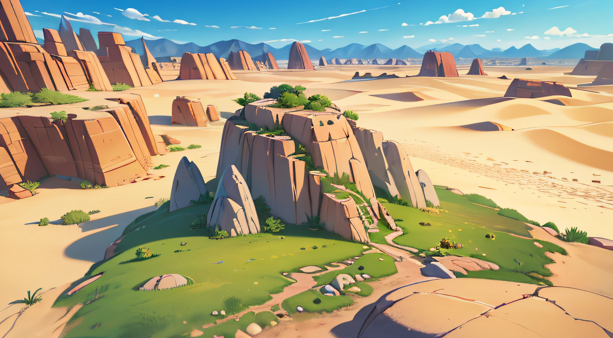 (illustrations : 1.0), photorealistic lighting, HD detail, 夏天, 12pm, desert, grass, sod, desert grass, huge rock area, rock formations, big stone, Rocky terrain, rock formation, top of rocky mountain, rocky terrain on desert sand, Looking down from a high place