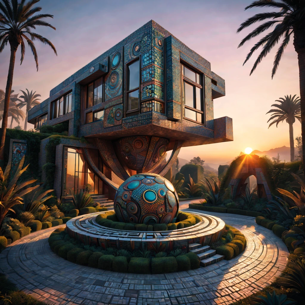 afofuturism, Tribal style villa, external garden, Mosaic tribal sculpture, Stone road, the sunset, Surrealism, Futurism, Hyperrealism, Art Deco, Conceptual art, Cubist Futurism, chiaroscuro, ray tracing, mosaic art, wide shot, best quality, highres, award winning, masterpiece, 4K