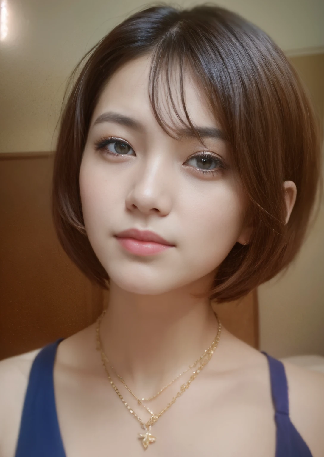 Close-up of a woman with a necklace on her neck, Short Hair Hair, sakimi chan, young cute wan asian face, heonhwa choe, beautiful south korean woman, 8k selfie photograph, bob cut, kwak ji young, young adorable Korean face, korean symmetrical face, undercut short hair, Short Hair Hair, Bob haircut