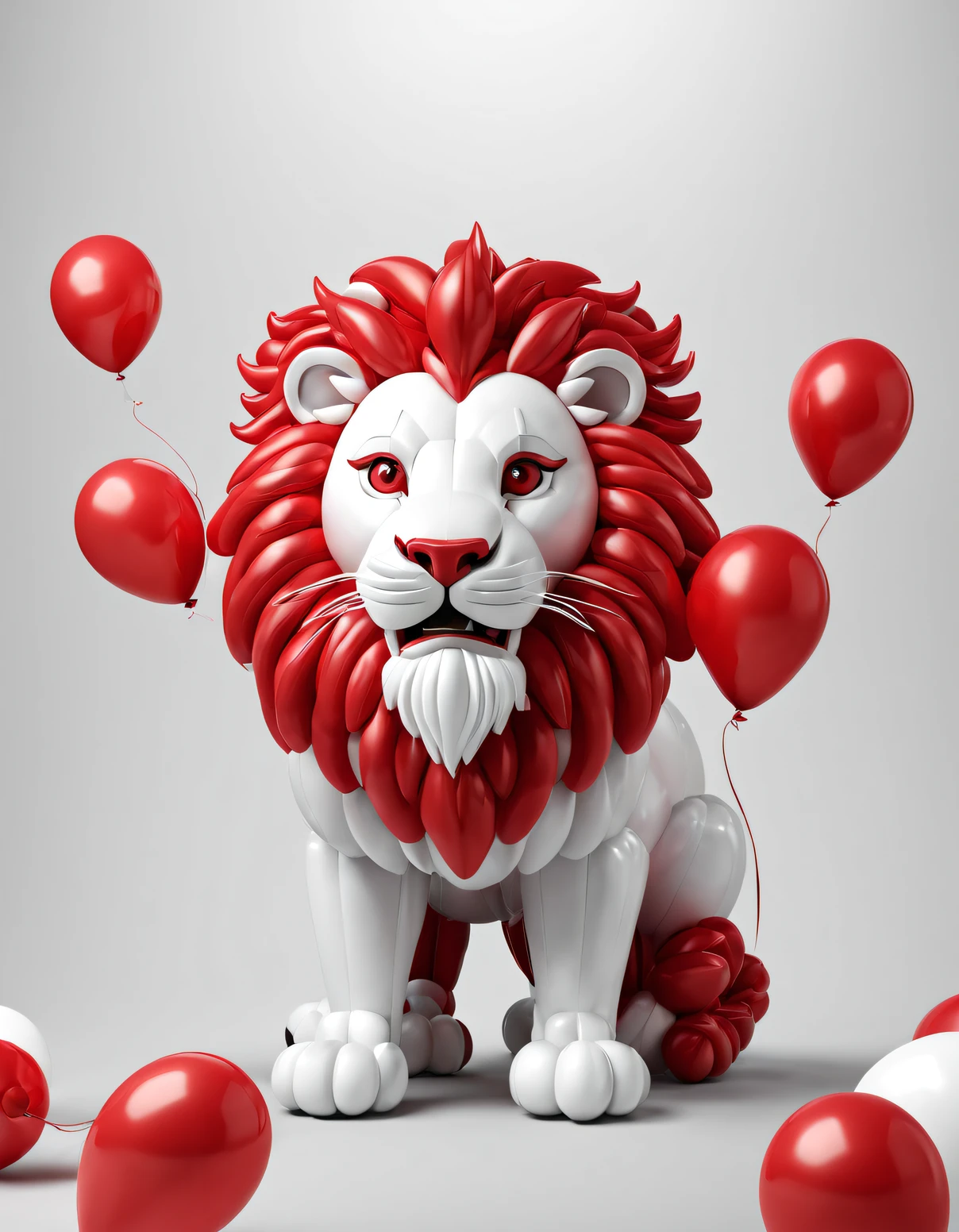 （balloon art design），（Lion made of red and white balloons）, intricate balloon art，Beautiful lion shape，Complex and gorgeous CG style, 3D, ultra - detailed, c4d, Octagon rendering, Blander, 8K, k hd，Mascot 3D model, 3D ultra-detailed, Behance 3D Art Trends,