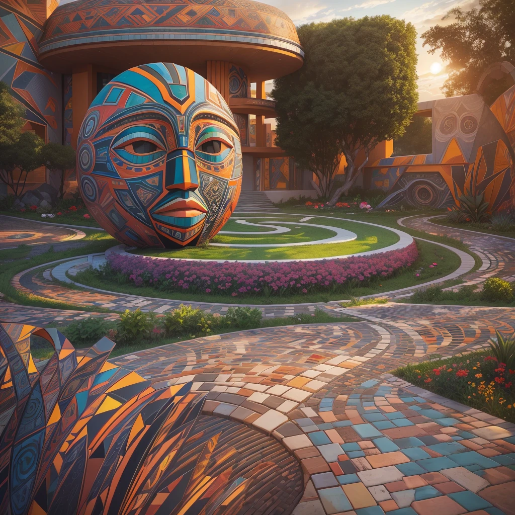 afofuturism, Tribal style villa, external garden, Mosaic tribal sculpture, Stone road, the sunset, Surrealism, Futurism, Hyperrealism, Art Deco, Conceptual art, Cubist Futurism, chiaroscuro, ray tracing, mosaic art, wide shot, best quality, highres, award winning, masterpiece, 4K