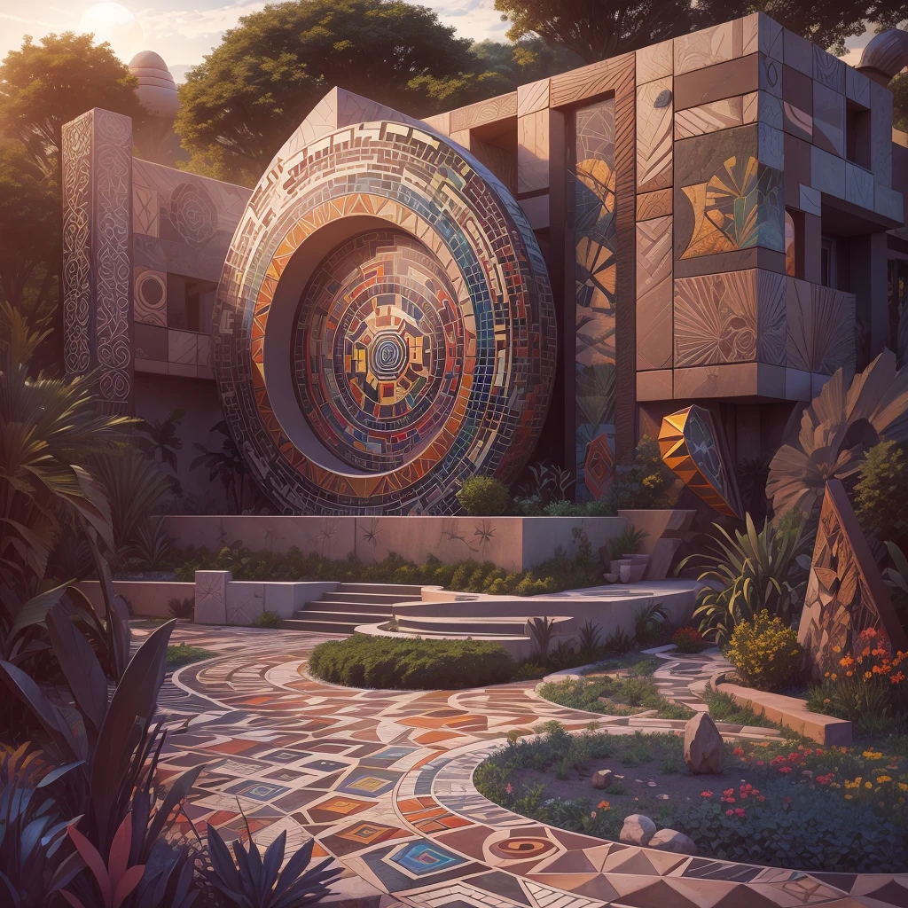 afofuturism, Tribal style villa, external garden, Mosaic tribal sculpture, Stone road, the sunset, Surrealism, Futurism, Hyperrealism, Art Deco, Conceptual art, Cubist Futurism, chiaroscuro, ray tracing, mosaic art, wide shot, best quality, highres, award winning, masterpiece, 4K