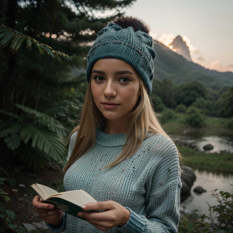fotorrealista, best quality, hiper detalhado, Gorgeous blonde woman, foto selfie, parte superior do corpo, sozinho, wearing pullover, ao ar livre, (Noite), Montanhas, natureza da vida real, Estrelas, lua, (alegre, Feliz), Saco de Dormir, Luvas, sweater, gorro, Lanterna, Floresta, Rochas, Rio, Madeira, smoke billowing, mistborn, clear sky, analogue style, Olhando para o Viewer, textura da pele, filmic grain, fechar para cima, ultra high-resolution, Melhor sombra, .RAW, LUT do instagram
