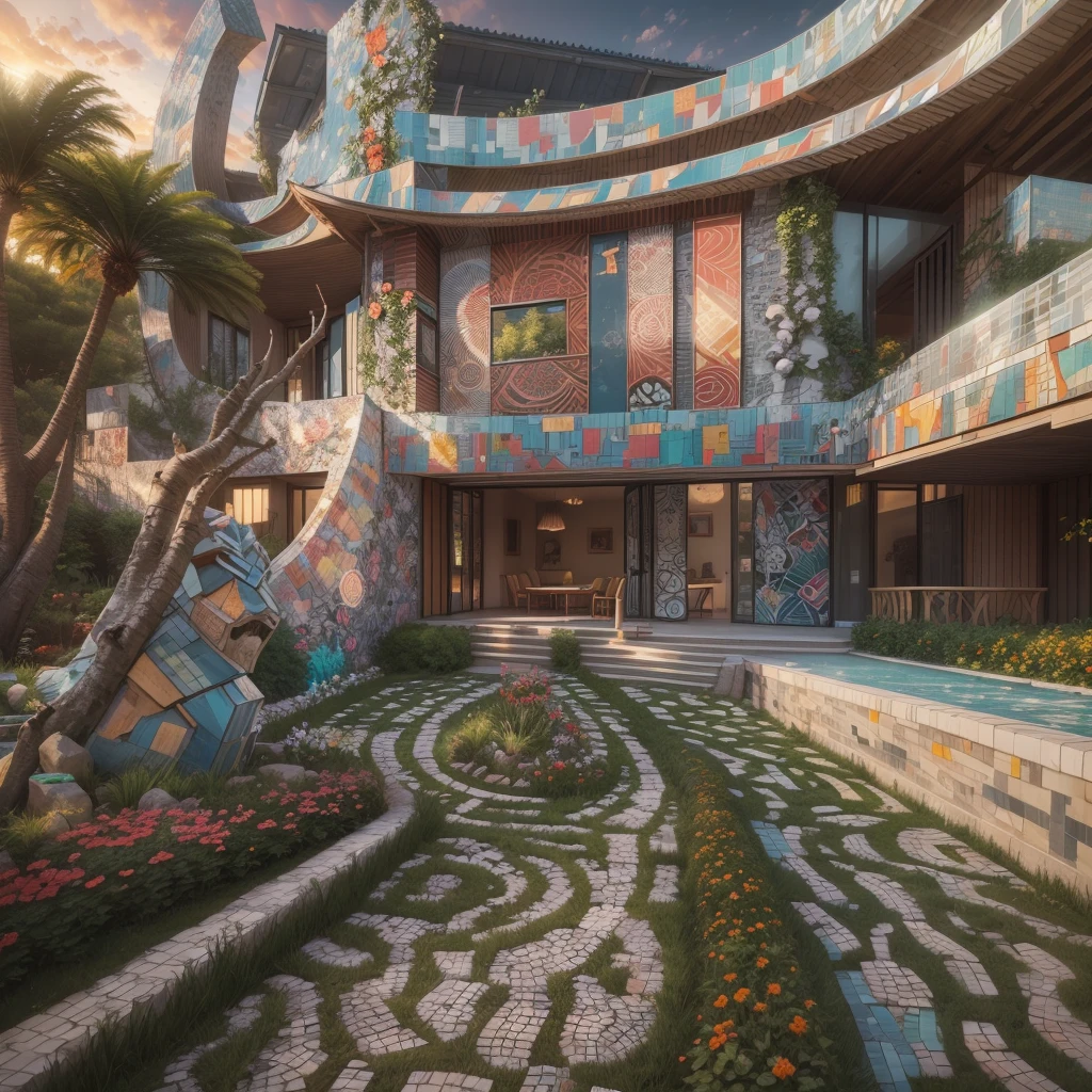 afofuturism, Tribal style villa, external garden, Mosaic tribal sculpture, Stone road, the sunset, Surrealism, Futurism, Hyperrealism, Art Deco, Conceptual art, Cubist Futurism, chiaroscuro, ray tracing, mosaic art, wide shot, best quality, highres, award winning, masterpiece, 4K