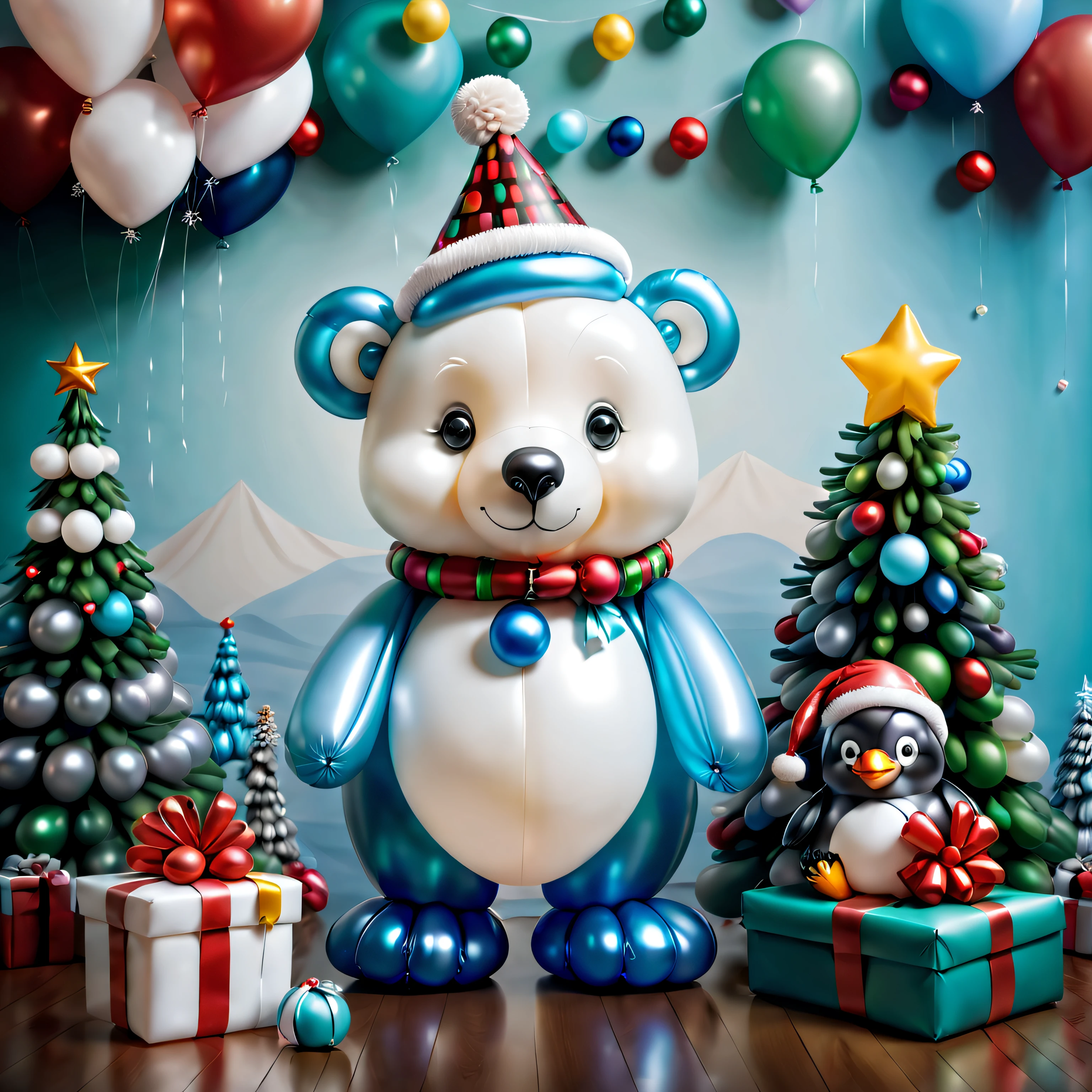 ((Christmas polar bear made of balloons and little penguin made of balloons, Wearing a Christmas hat made of balloons)), ((Christmas background, Christmas tree made of balloons, gifts)), Cute and detailed digital art, lovely digital painting, Cute balloon penguin, Lovely detailed artwork, Cute 3d rendering, digital painting very detailed, Cute and colorful, cute big breasts, Highly detailed digital artwork, detail-rich、plethora of colors