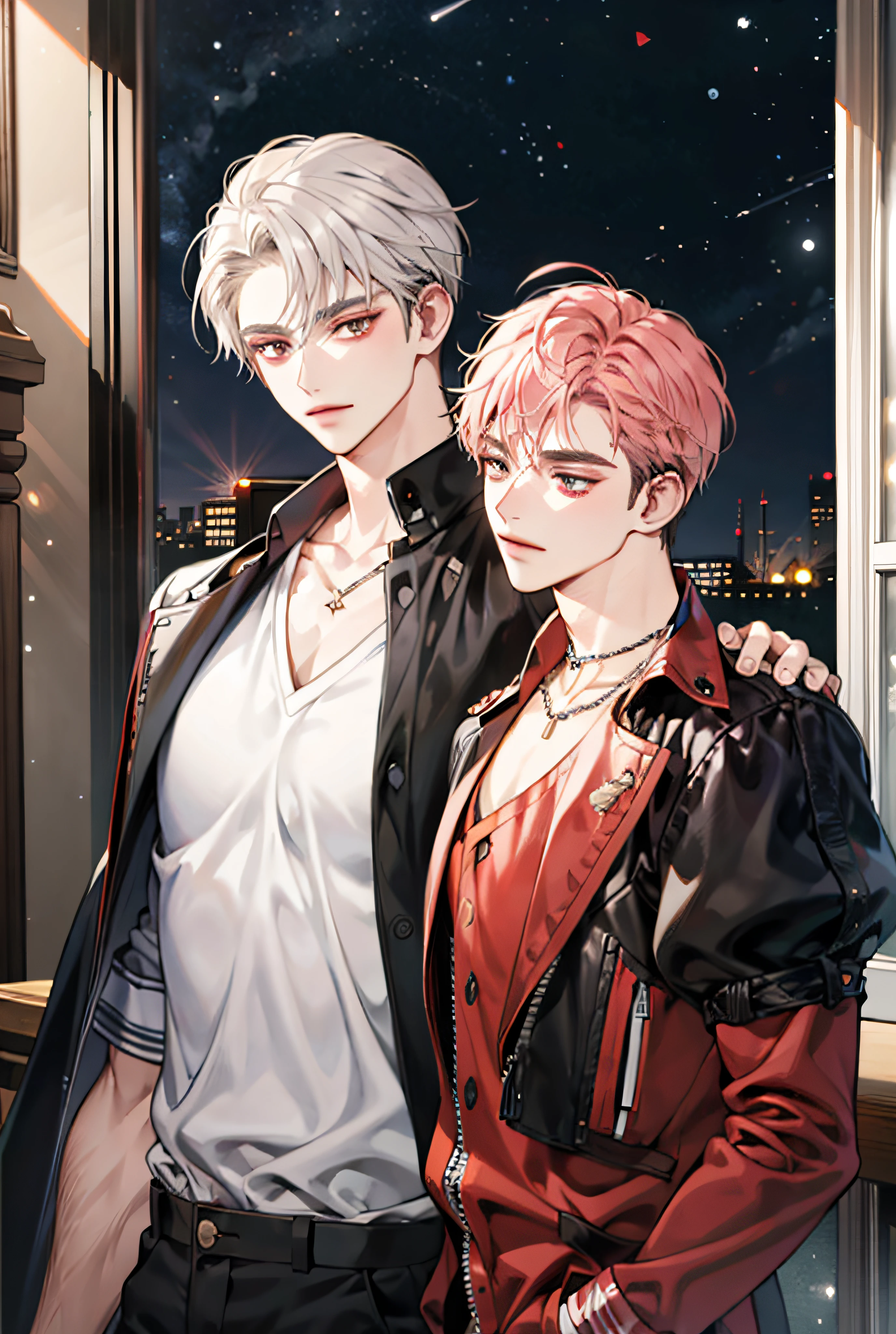 masterpiece, top-quality, 2Others, a couple, 1 man and 1,, Adults, Height difference, different fashion, different color, finely eye and detailed face, intricate detailes, Casual clothing, Oversized shirt, Modern urban streets, Hands on back, A smile, Happiness, tenderness, queers, high-level image quality、2a person々 beautiful male、tall、hug from behind、Trying to kiss、window、nightfall、nighttime scene、𝓡𝓸𝓶𝓪𝓷𝓽𝓲𝓬、Korean Male, Idol Photos, k pop, Professional Photos, Vampires, Korean fashion in black and white, À la Fed Man with Necklace, inspired by Sim Sa-jeong, androgynous vampire, :9 detailed face: 8, extra detailed face, detailed punk hair, ((asa)) baggy eyes, Seductive. Highly detailed, semi realistic anime, Vampires, hyperrealistic teen, delicate androgynous prince, imvu, short hair above the ears, Two Men With Short Hair, A man with a glaring expression and a man with a gentle expression, Man with bright purple hair and woman with pink hair