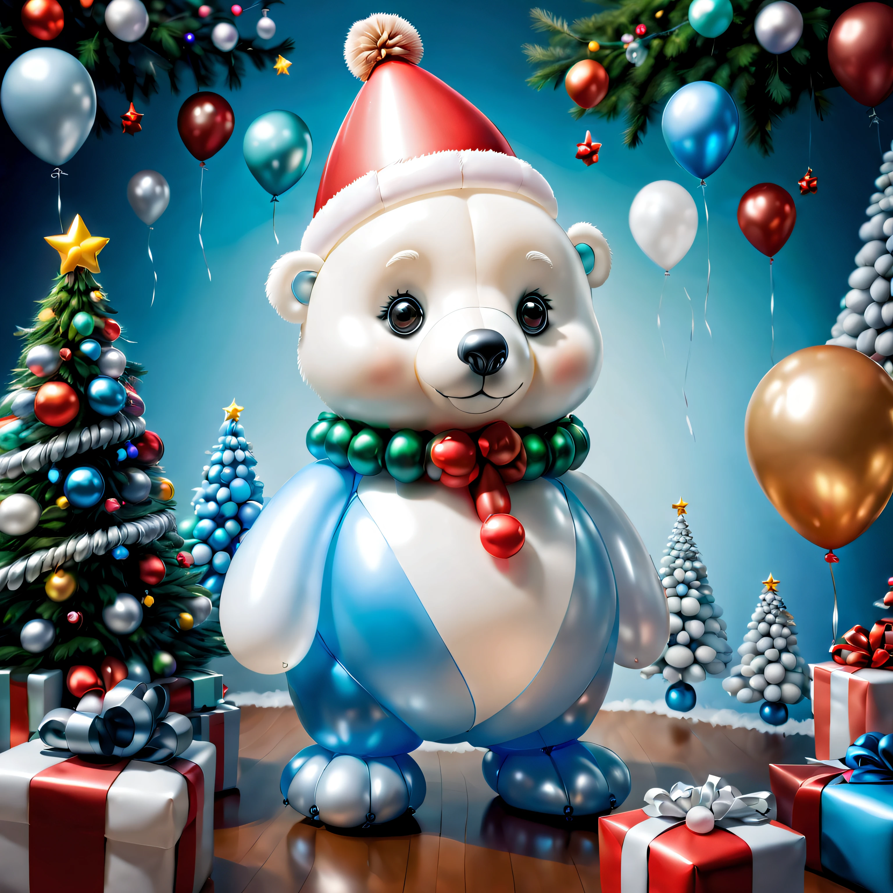 ((Christmas polar bear made of balloons and little penguin made of balloons, Wearing a Christmas hat made of balloons)), , ((Christmas background, Christmas tree made of balloons, gifts,))， Cute and detailed digital art, lovely digital painting, Cute balloon penguin, Lovely detailed artwork, Cute 3d rendering, digital painting very detailed, Cute and colorful, cute big breasts, Highly detailed digital artwork, detail-rich、plethora of colors