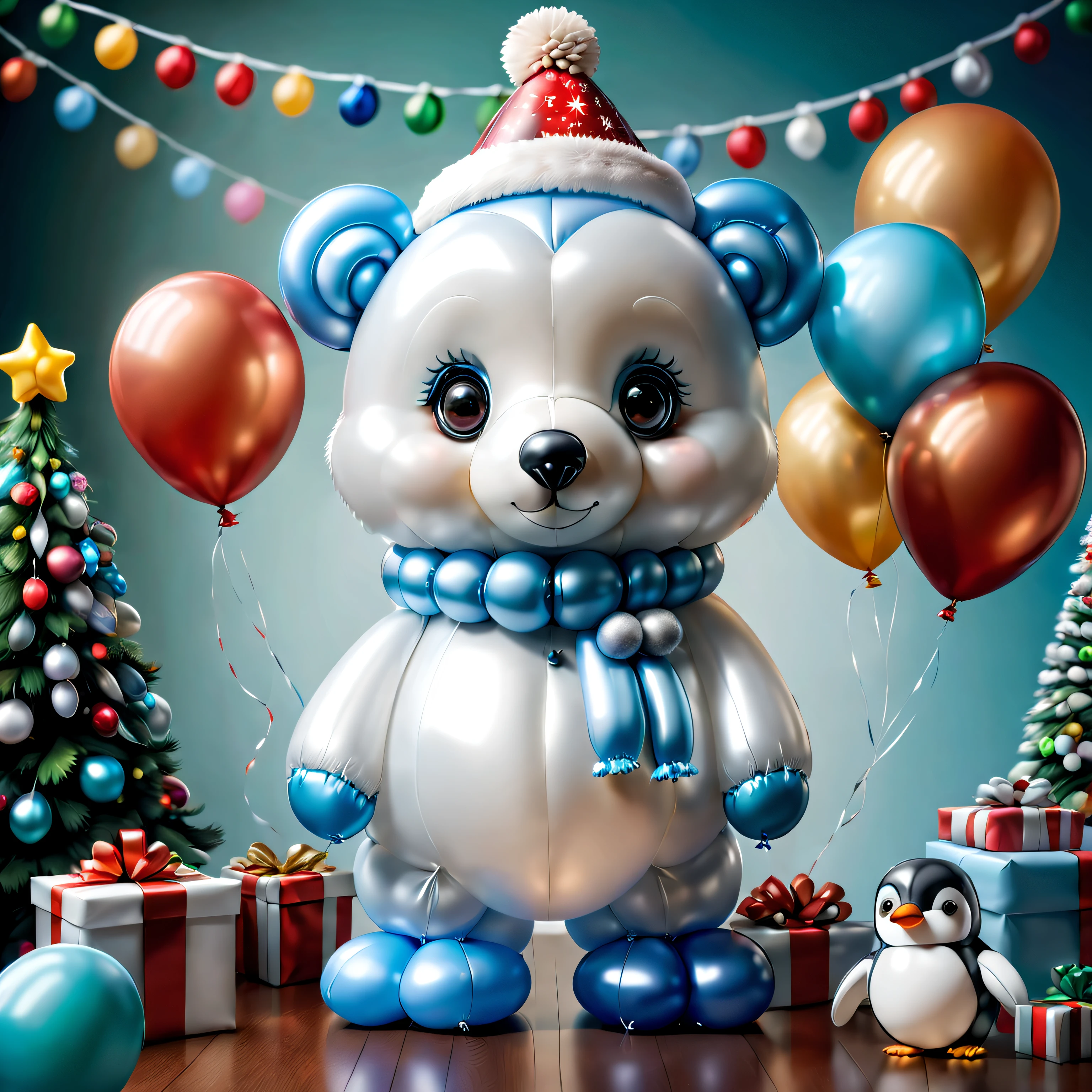 ((Christmas polar bear made of balloons and little penguin made of balloons, Wearing a Christmas hat made of balloons)), , ((Christmas background, Christmas tree made of balloons, gifts,)), Cute and detailed digital art, lovely digital painting, Cute balloon penguin, Lovely detailed artwork, Cute 3d rendering, digital painting very detailed, Cute and colorful, cute big breasts, Highly detailed digital artwork, detail-rich、plethora of colors