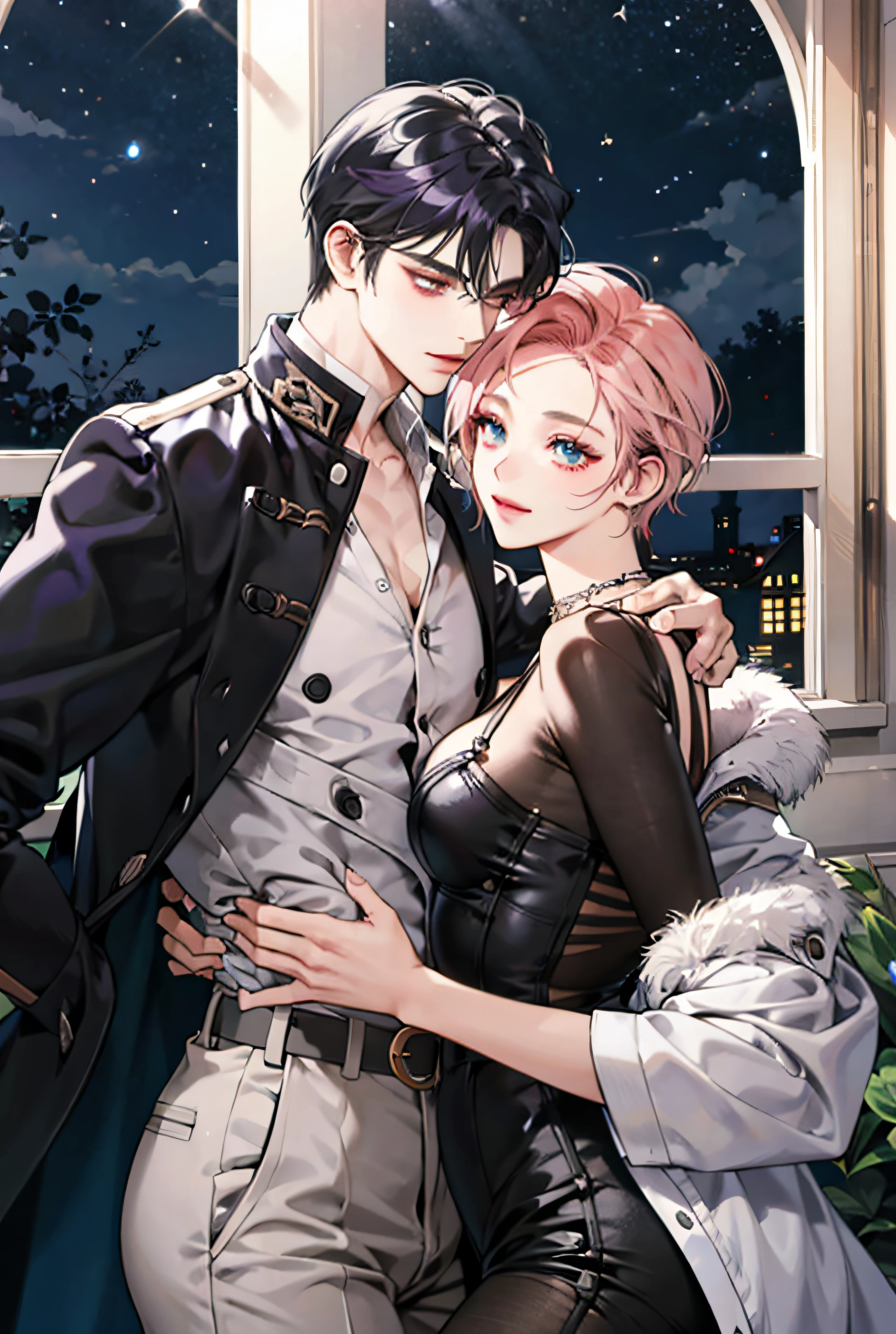 masterpiece, top-quality, 2Others, a couple, 1 man and 1,, Adults, Height difference, different fashion, different color, finely eye and detailed face, intricate detailes, Casual clothing, Oversized shirt, Modern urban streets, Hands on back, A smile, Happiness, tenderness, queers, high-level image quality、2a person々 beautiful male、tall、hug from behind、Trying to kiss、window、nightfall、nighttime scene、𝓡𝓸𝓶𝓪𝓷𝓽𝓲𝓬、Korean Male, Idol Photos, k pop, Professional Photos, Vampires, Korean fashion in black and white, À la Fed Man with Necklace, inspired by Sim Sa-jeong, androgynous vampire, :9 detailed face: 8, extra detailed face, detailed punk hair, ((asa)) baggy eyes, Seductive. Highly detailed, semi realistic anime, Vampires, hyperrealistic , delicate androgynous prince, imvu, short hair above the ears, Two Men With Short Hair, A man with a glaring expression and a man with a gentle expression, Man with bright purple hair and woman with pink hair