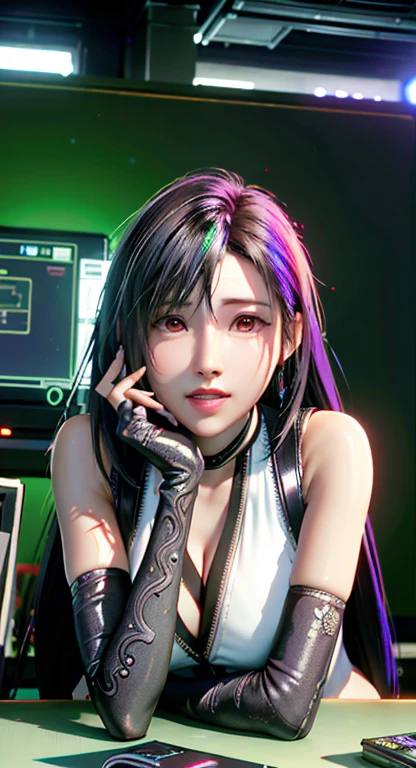 ((Best quality)), ((masterpiece)), (highly detailed:1.3), 3D, beautiful (cyberpunk:1.3) female hacker with thick voluminous hair operating a computer terminal, computer servers, LCD screens, fibre optic cables, corporate logos,HDR (High Dynamic Range),Ray Tracing,NVIDIA RTX,Super-Resolution,Unreal 5,Subsurface scattering,PBR Texturing,Post-processing,Anisotropic Filtering,Depth-of-field,Maximum clarity and sharpness,Multi-layered textures,Albedo and Specular maps,Surface shading,Accurate simulation of light-material interaction,Perfect proportions,Octane Render,Two-tone lighting,Low ISO,White balance,Rule of thirds,Wide aperature,8K RAW,Efficient Sub-Pixel,sub-pixel convolution,luminescent particles,