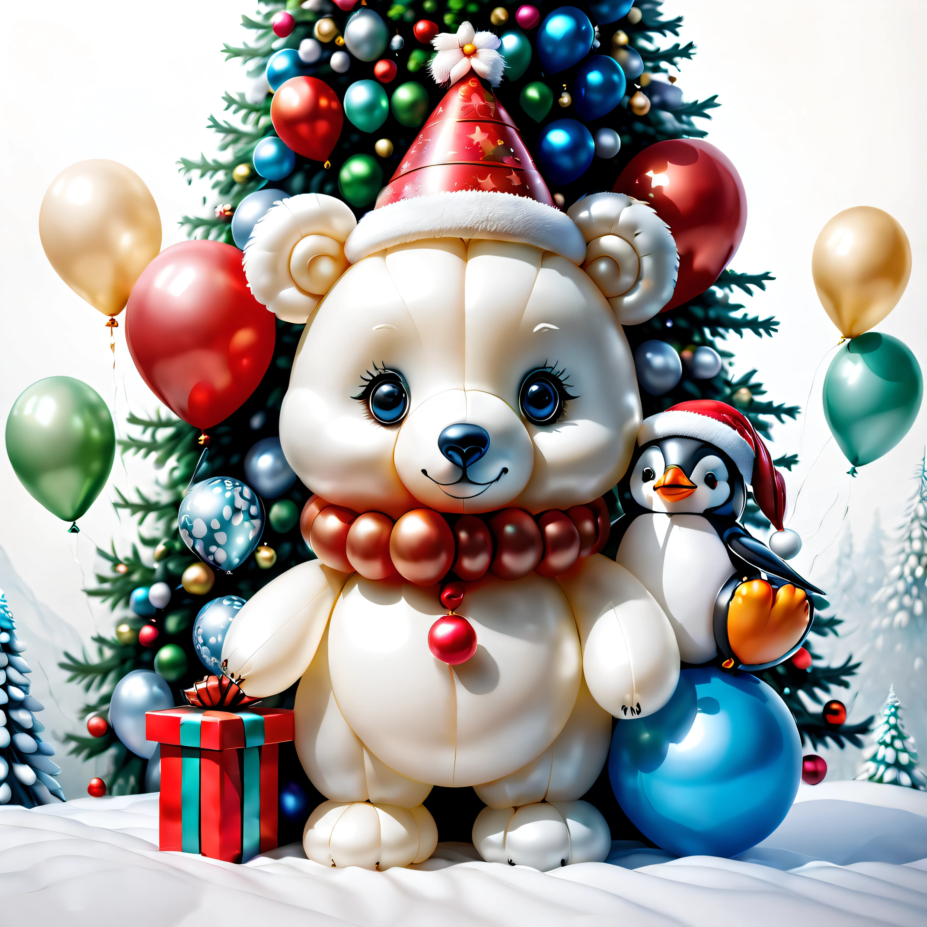 ((Christmas polar bear made of balloons and little penguin made of balloons, Wearing a Christmas hat made of balloons)), , ((Christmas background, Christmas tree made of balloons, gifts,)), Cute and detailed digital art, lovely digital painting, Cute balloon penguin, Lovely detailed artwork, Cute 3d rendering, digital painting very detailed, Cute and colorful, cute big breasts, Highly detailed digital artwork, detail-rich、plethora of colors