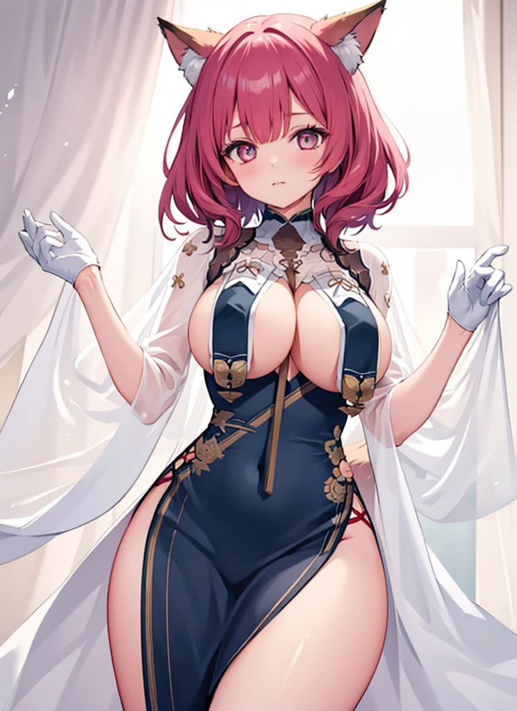 1girl, solo,hand on own chest, 
huge breasts,  , cleavage, , breast curtains, china dress, half gloves, white gloves,
bedroom, see-through,standing, 
((from below)), 
alshin,fox girl, multiple tails,