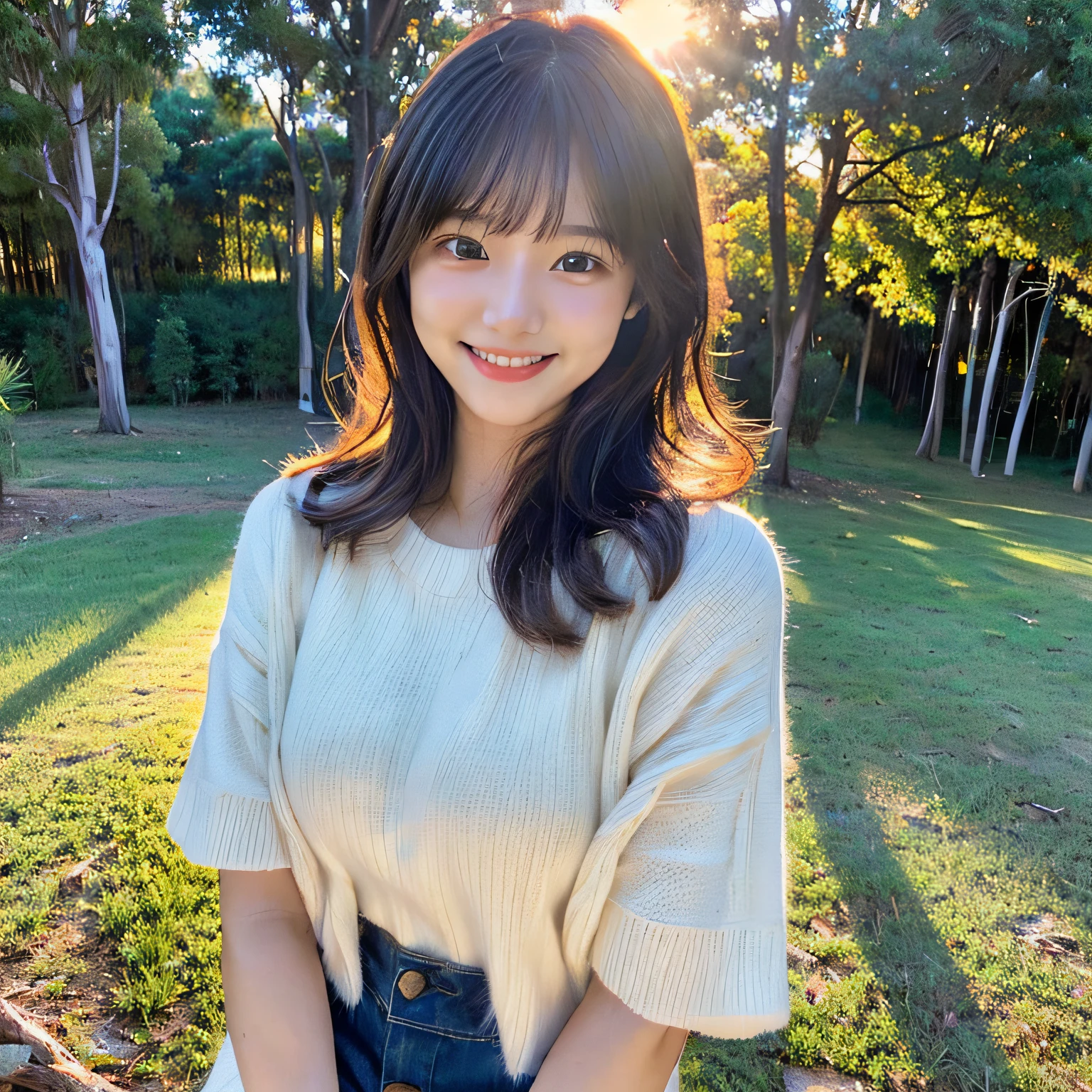 selfie, (Photoreal: 1.4), (Image enhancement: 1.4), ( Top quality real skins: 1.4), 20-year-old, asian girl, dressed warmly, australian forest scene, smile, standing, night time, close up, hands hidden, selfie