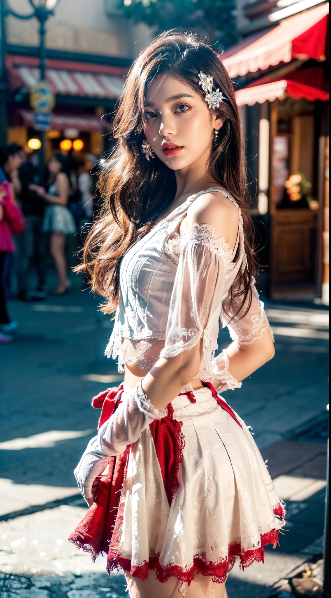 (Ultra-detailed eyes), (((textile shading))), (((Best Quality))), (((masutepiece))), (((Ultra-detailed CG))), sassy girl, (((magical little girl))), (Petite), (tiny chest), brown hair, brown hair, brown hair, pin up emo, ((, gorgeous hair)), Pink eyes, (((retro style, red and white blumarine crop graphic lace tank, frayed skirt, winter glove, y2k))), ((striking a pose)), (((Game CG)) (gorgeous, sassy, it girl), fancy jewelry,theme park, colorful place, colorful place, colorful olace, strong theme park atmosphere, strong 80s atmosphere, cowboy shot, midshot, centered image, eye on camera, daylight, no one people on the background, no one people on the background