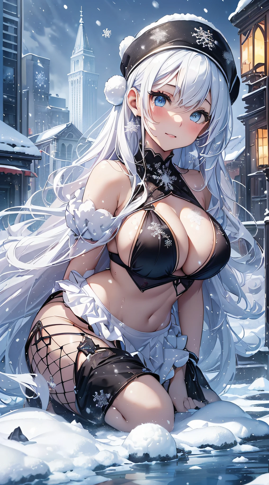 top-quality、Top image quality、​masterpiece、s girl((Black Santa Costume、santa style bikini、18year old、teenr、Best Bust、big bast,Beautiful light blue eyes、Breasts wide open, a blond、A slender,Large valleys、dye one's cheeks red、Leaning forward、White breath、Reflecting the whole body、Laugh、dance、nipple seal)),hiquality、Beautiful Art、Background with((crystal city at night、snowflakes falling、Heavy snow falls、snowman、ice tower model、A world where snow piles up)))、masutepiece、depth of fields,