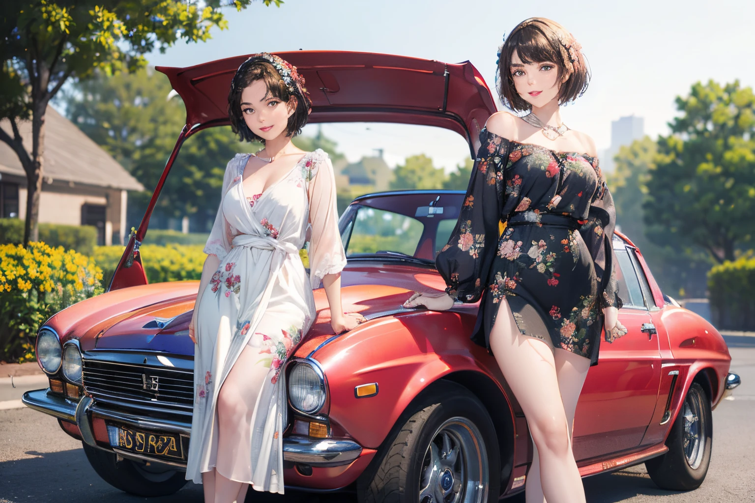 127
(a 20 yo woman,is standing), (A hyper-realistic), (high-level image quality), ((beautiful hairstyle 46)), ((short-hair:1.46)), (Gentle smile), (brest:1.1), (lipsticks), (florals), (Large garage), (Depth of field is deep), (classic car)