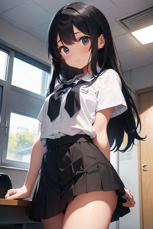 A 10-year-old elementary school girl with long black hair wearing a school uniform who lifts up her skirt to reveal white panties.